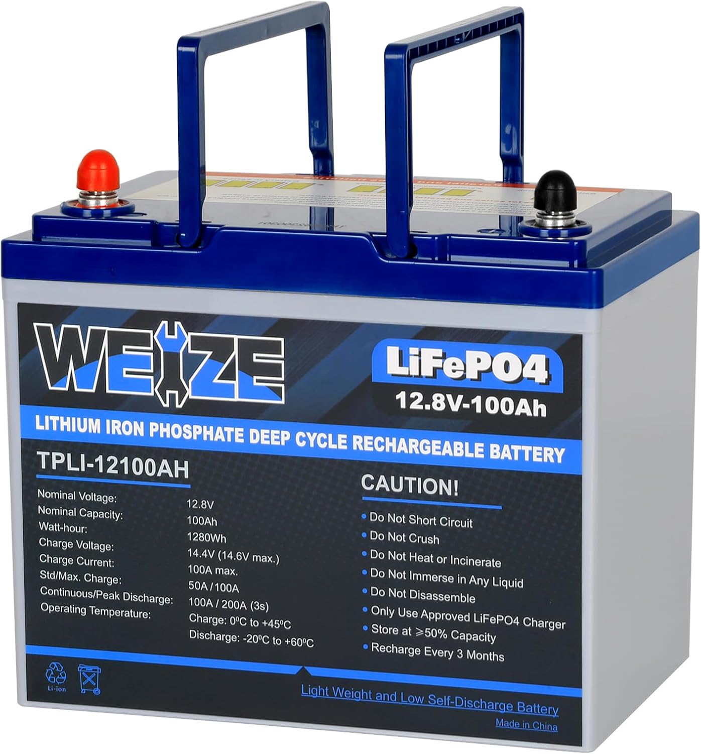 WEIZE 12V 100Ah Mini LiFePO4 Lithium Battery, Builtin 100A Smart BMS