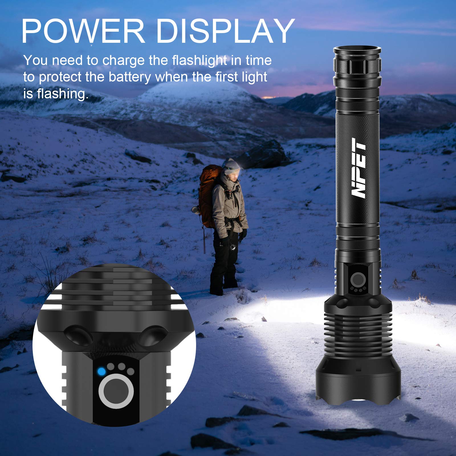NPET XHP70 Linterna LED recargable por USB, linterna táctica súper brillante de 2000 lúmenes, linterna con zoom para camping, senderismo, hogar, exteriores y emergencias, impermeable y resistente a
