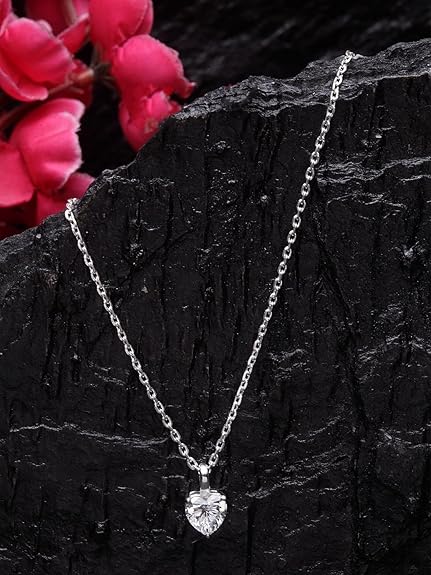 Clara 92.5 Sterling Silver White Gold Plated Heart Solitaire Pendant Chain Necklace | Gift for Women & Girls - Image 2