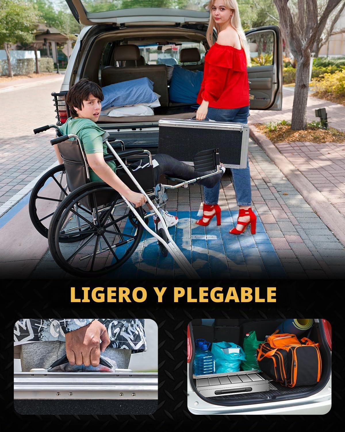 Rampa para Silla de Ruedas 122CM, Capacidad 363KG, Rampa Plegable Antideslizante de Aluminio con Superficie de Carborundo para Escalones, Umbrales, Bordillos, Escaleras y Coches