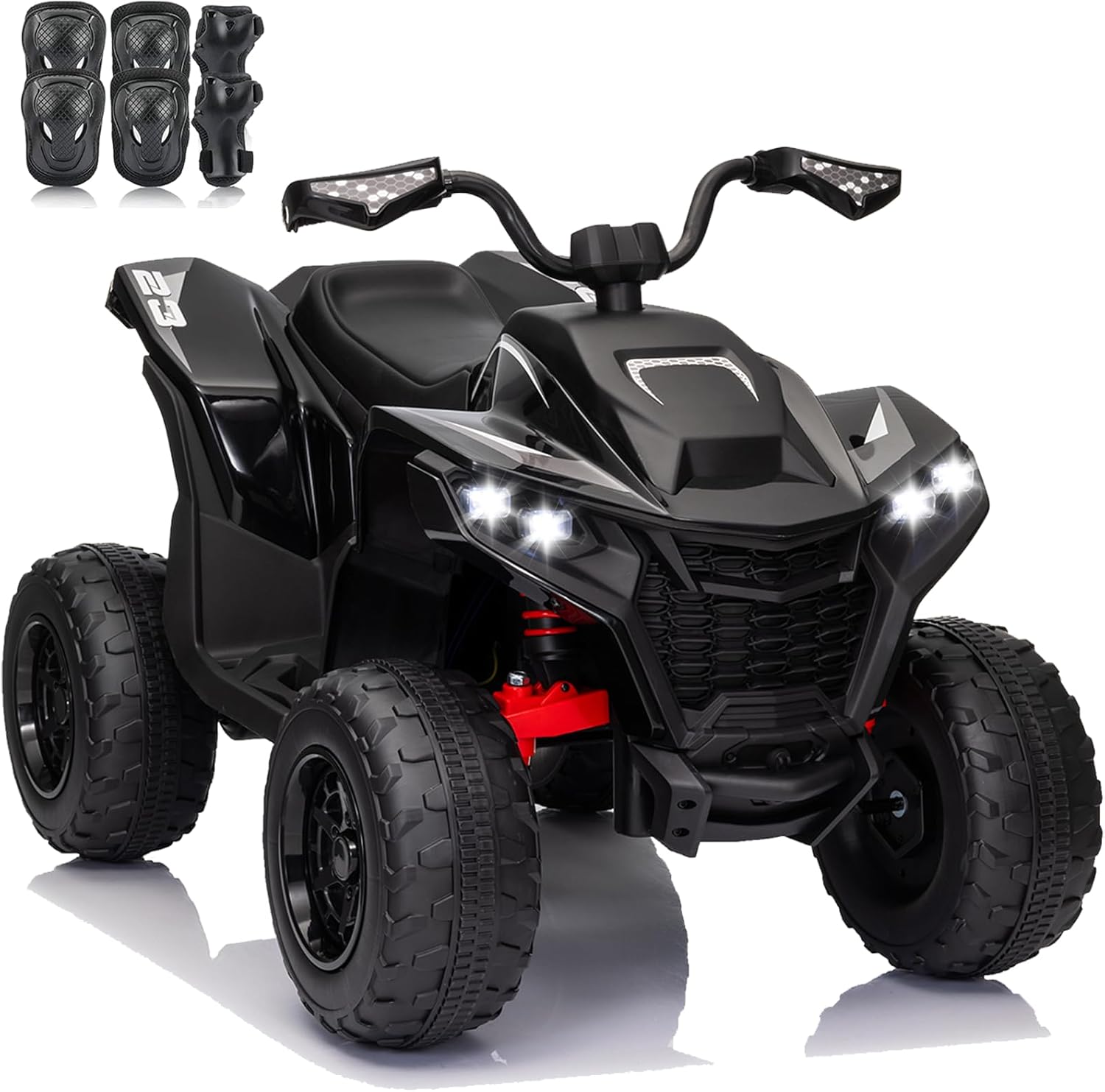 Kids ATV 4 Wheeler, 24V 2 Seater Electric ATV Quad w/4X100W Motor, Protective Gear Set, Bluetooth, LED Lights, Spring Suspensions, Battery Powered Ride on Toys for Big Kids, Boys, Girls, D-Black