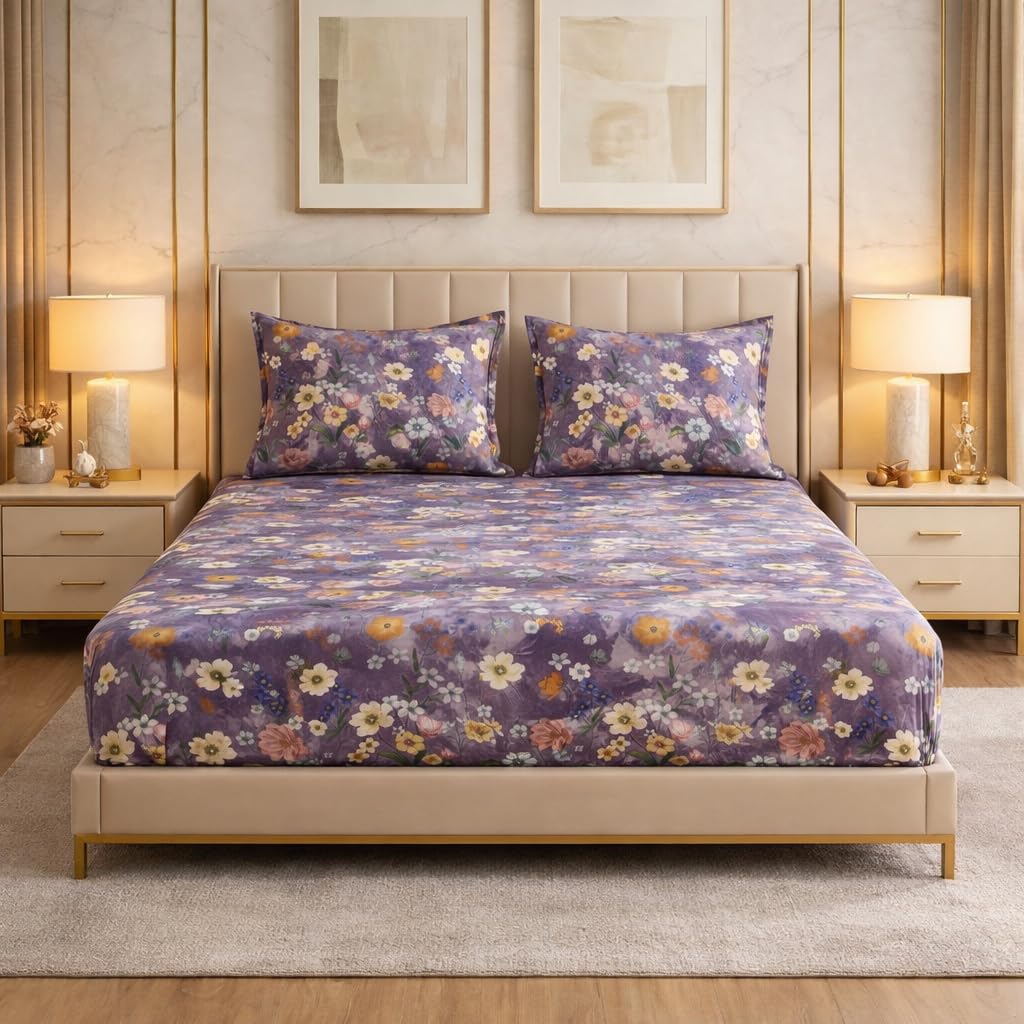 BSB HOME Cloud Cotton King Size Fitted Bedsheet 78 x 72 + 10 Inches | 220 Thread Count Soft & Breathable Cotton Fitted Bed Sheet with Elastic, Deep Pocket Bedding for Home (Lavander)-image-30