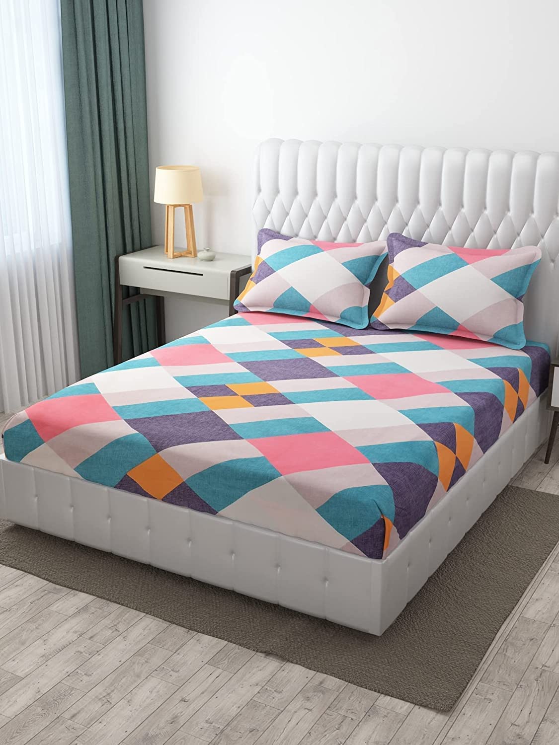THE HOME STYLE Cotton Feel Glace Cotton All Around Elastic Fitted Printed King Size Double Bed Bedsheet With 2 Pillow Cover 300 TC (72" X78, Multicolor Abstract)