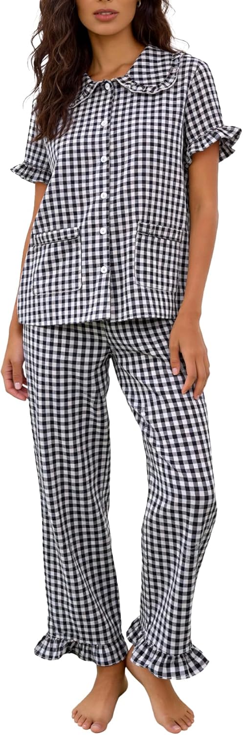 Flygo Gingham Pajama Sets for Women 2 Piece Lounge Set Button Down Cotton Babydoll Shirts Long Plaid Pants Y2K Pjs Sleepwear