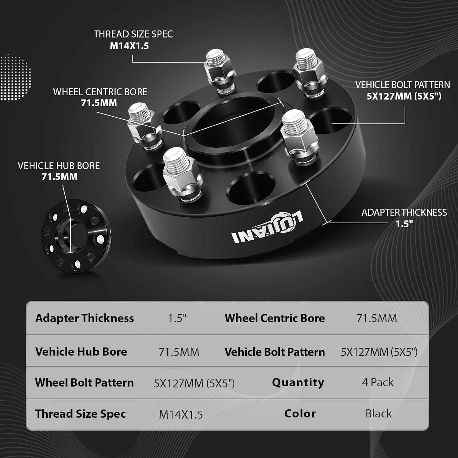 4 Pack 5x127mm Wheel Spacers for 2022-2025 Grand Cherokee WK2 WL Gladiator JT, 1.5" Thick Hubcentric Tire Spacer, M14x1.5 Thread Studs & 71.5mm Centric Bore, 5x5 Hub Centric Wheel Adapter - Image 2