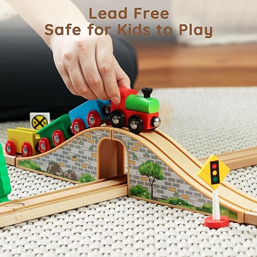 Miniatura 4 de SainSmart Jr. Juego de tren de madera para niños pequeños con vías de tren de doble cara para Brio, Thomas, Melissa y Doug, tren de juguete de