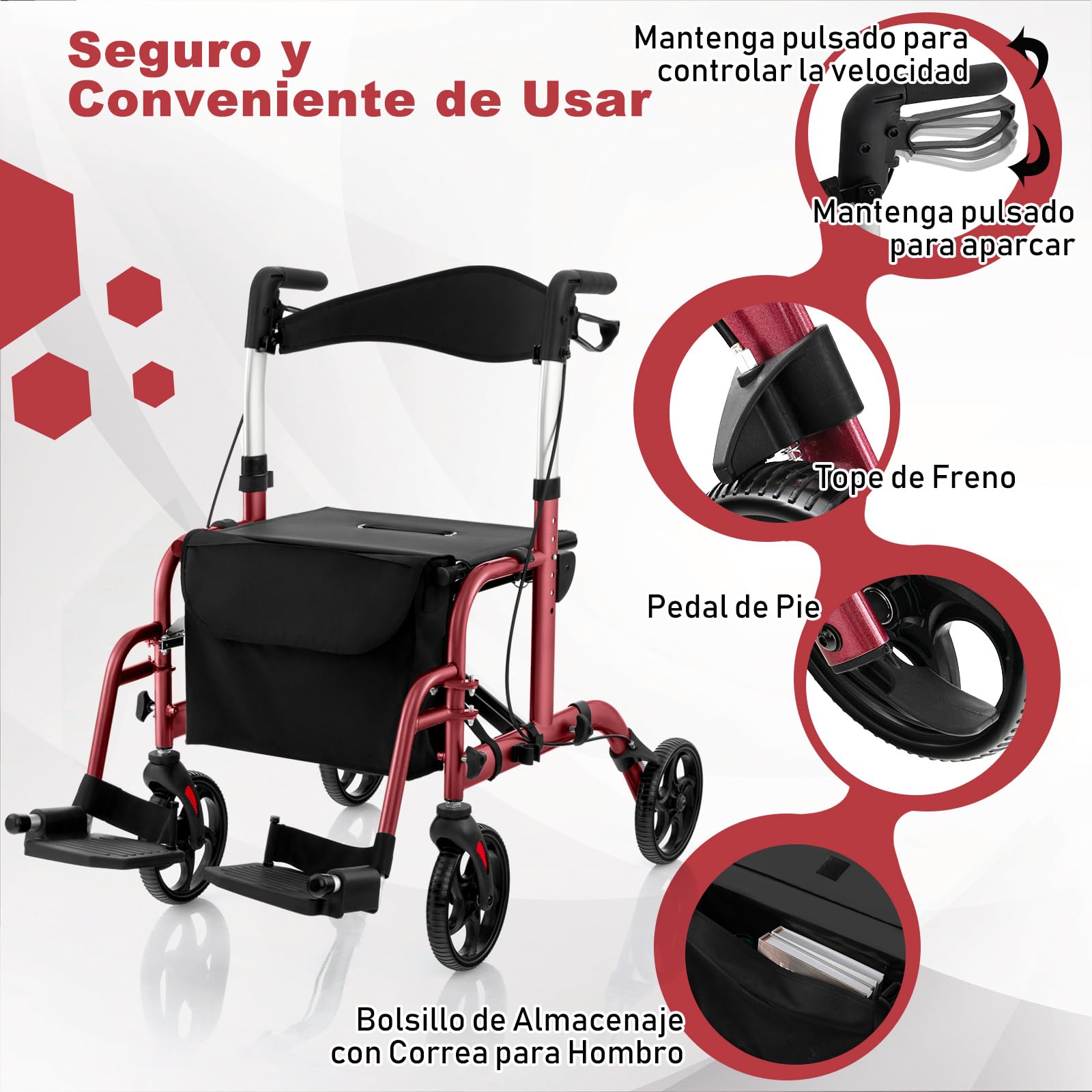 GOPLUS Andador para Ancianos con Asiento 2 en 1, Andador de Aluminio con 6 Alturas Ajustables, Respaldo Reversible, Silla de Transporte de Aluminio Ligero con Ruedas de 20 cm (Rojo)