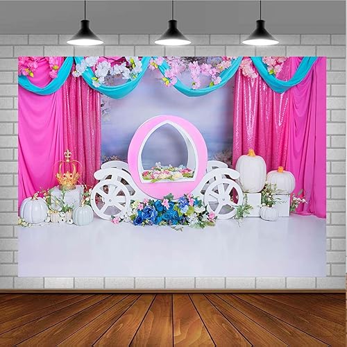 Miniatura 4 de Telones de fondo para fiesta de primer cumpleaños para niña, corona dorada, calabaza, coche, flores, fondo de cortinas rosas, telón de fondo de un