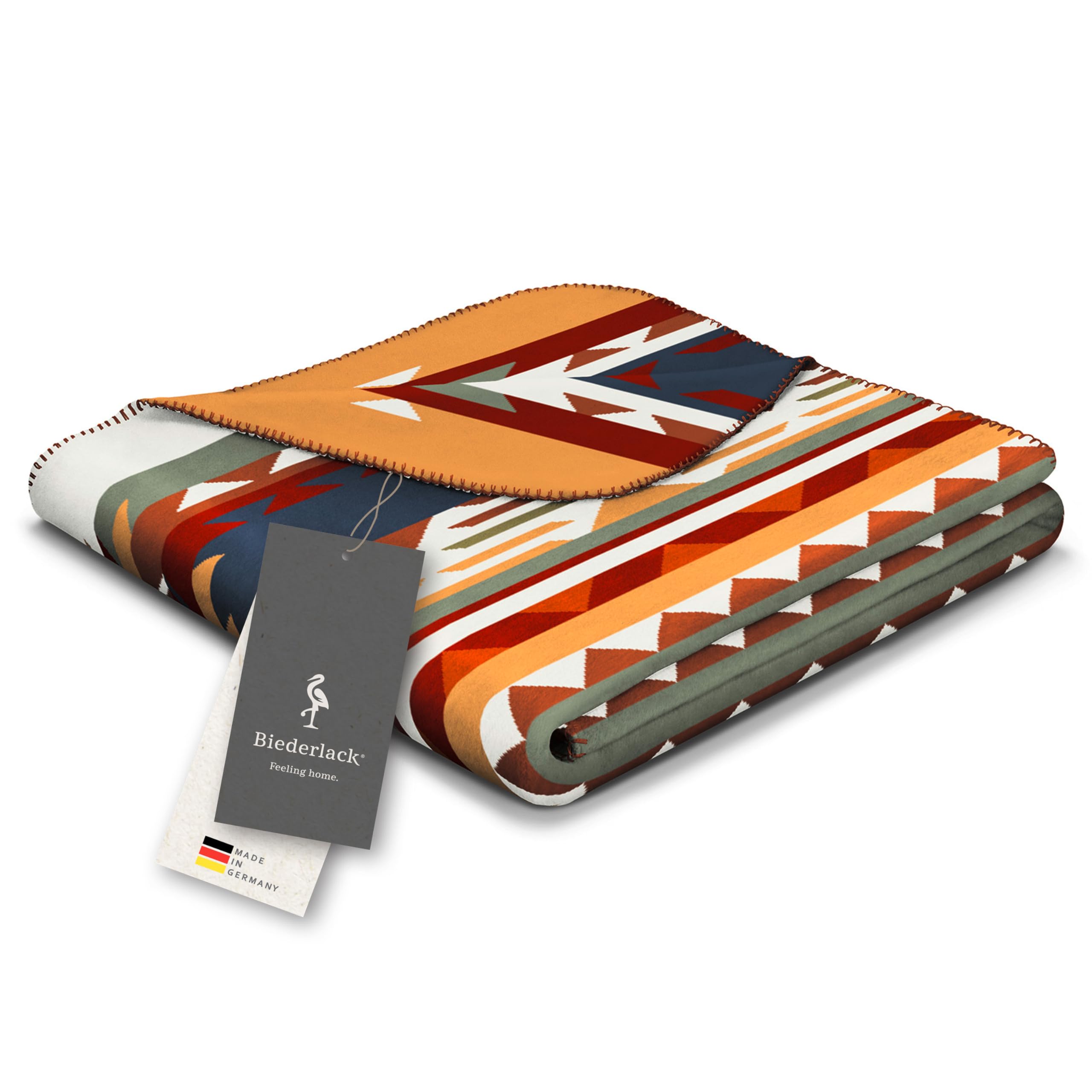 biederlack weiche Kuscheldecke 'Pueblo', Bunte Sofadecke in 150x200 cm | Made in Germany, Ethno Wohndecke in blau-gelb-grün-Natur, Tages-Decke aus Baumwoll-Mischgewebe, OKEO-TEX Made in Green