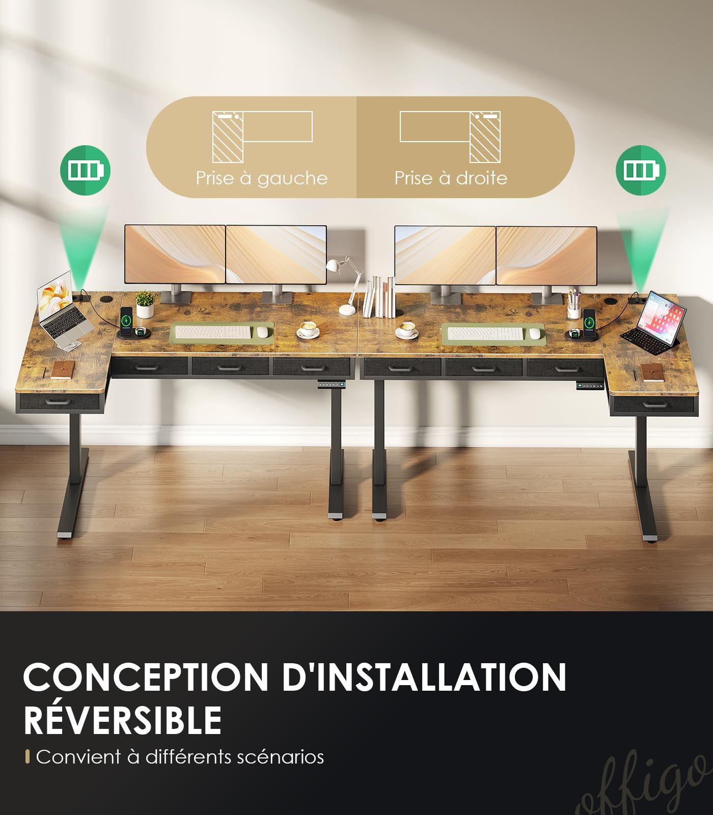 OffiGo Bureau Assis Debout Angle, 160x80cm Bureau Electrique avec 4 Tiroirs, Grand Table d'angle avec Prise, Standing Desk Réglable en Hauteur avec Rangement pour la Maison, Brun Rustique
