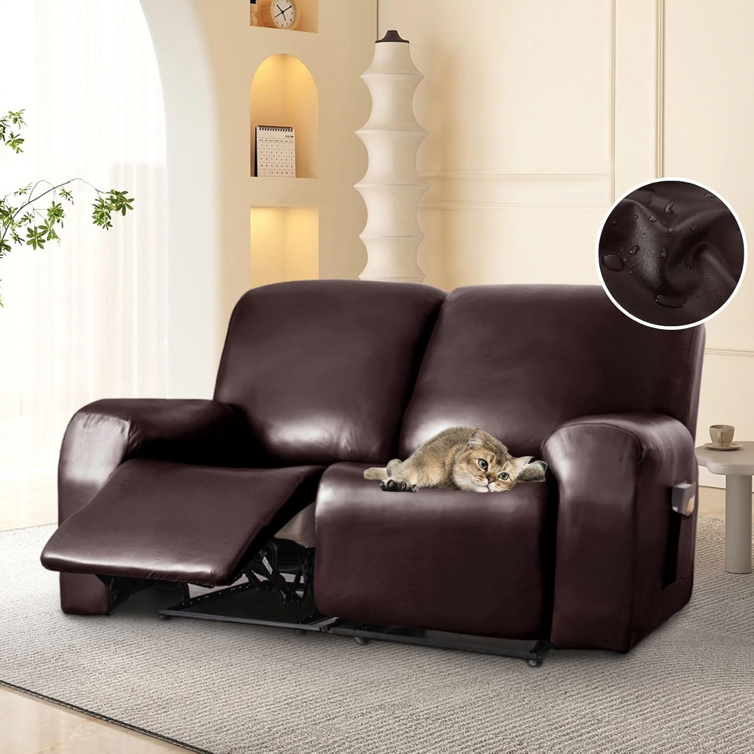 100% Waterproof PU Leather Recliner Loveseat Slipcovers 6-Pieces Stretch Reclining Couch Covers for 2 Seat Anti-Slip Elastic Strap Furniture Protector for Kids, Pets (Brown, 2 Seater)