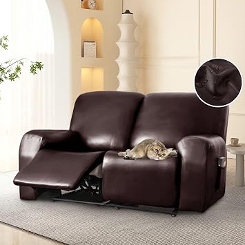 100% Waterproof PU Leather Recliner Loveseat Slipcovers 6-Pieces Stretch Reclining Couch Covers for 2 Seat Anti-Slip Elastic Strap Furniture Protector for Kids, Pets Brown, 2 Seater