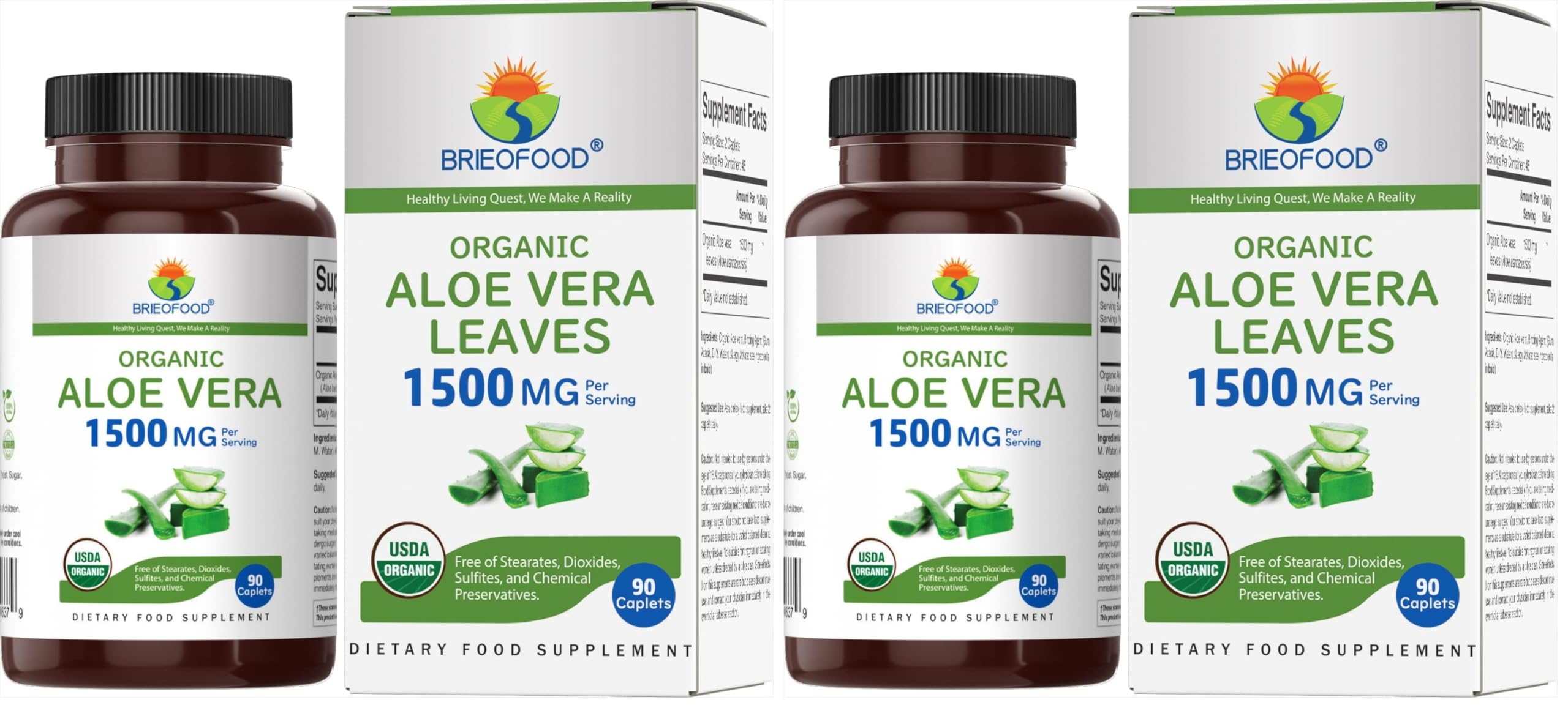 Brieofood Organic Aloe Vera 1500mg, 45 Servings, Vegetarian, Gluten Free, 90 Vegetarian Tablets (Pack of 2) 90 Count (Pack of 2)