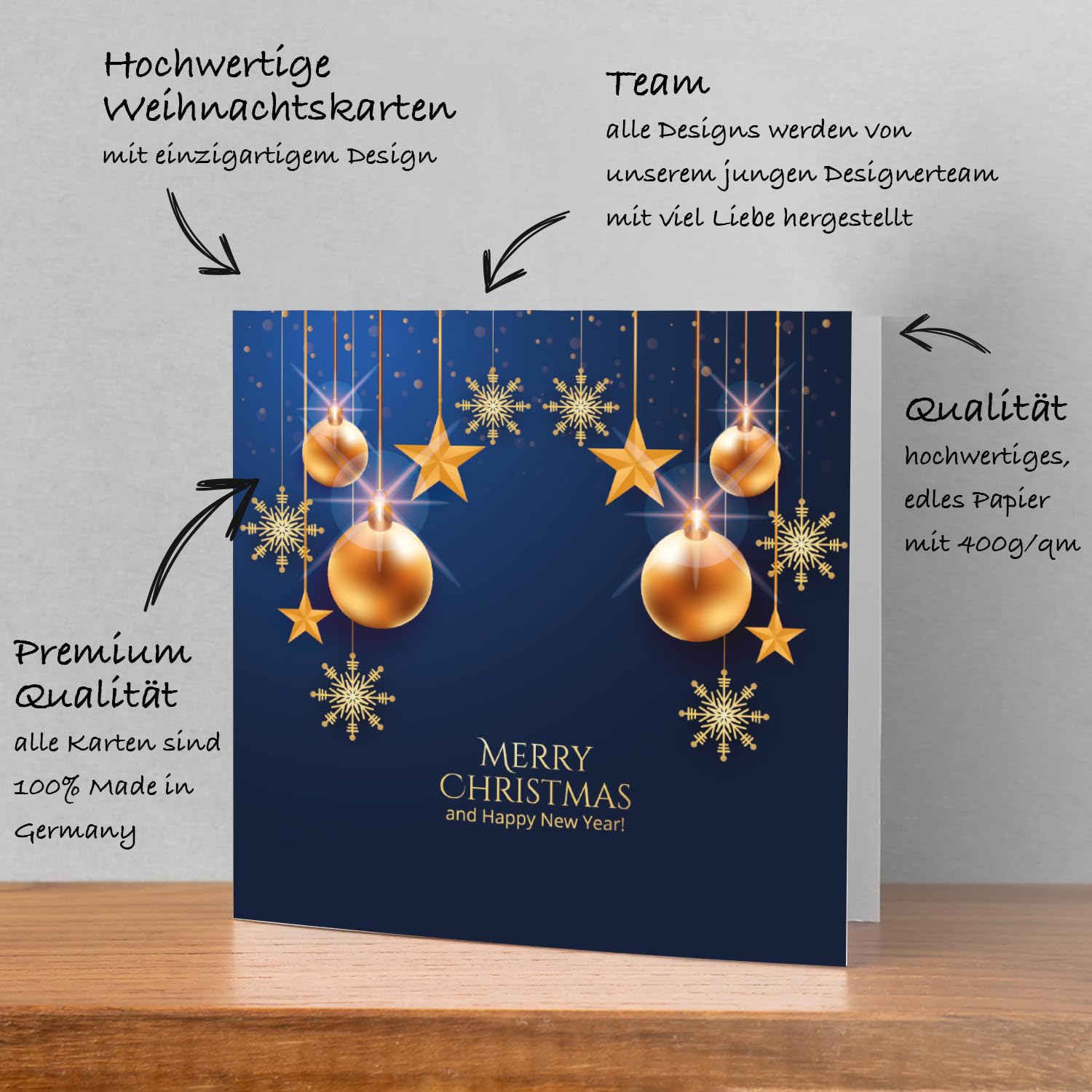 Lot de 30 cartes de Noël élégantes de qualité supérieure - 14,8 x 14,8 cm - Avec enveloppe - Pour entreprises - Cartes pliantes - Cartes de vœux pour Noël - Merry Christmas