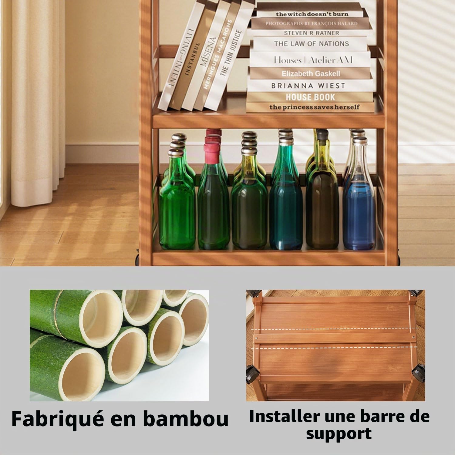 Chariot de service avec roulettes, chariot de cuisine en bois 3 étagères, chariot mobile polyvalent pour cuisine, salle de bain, couloir et balcon, chariot d'appoint peu encombrant