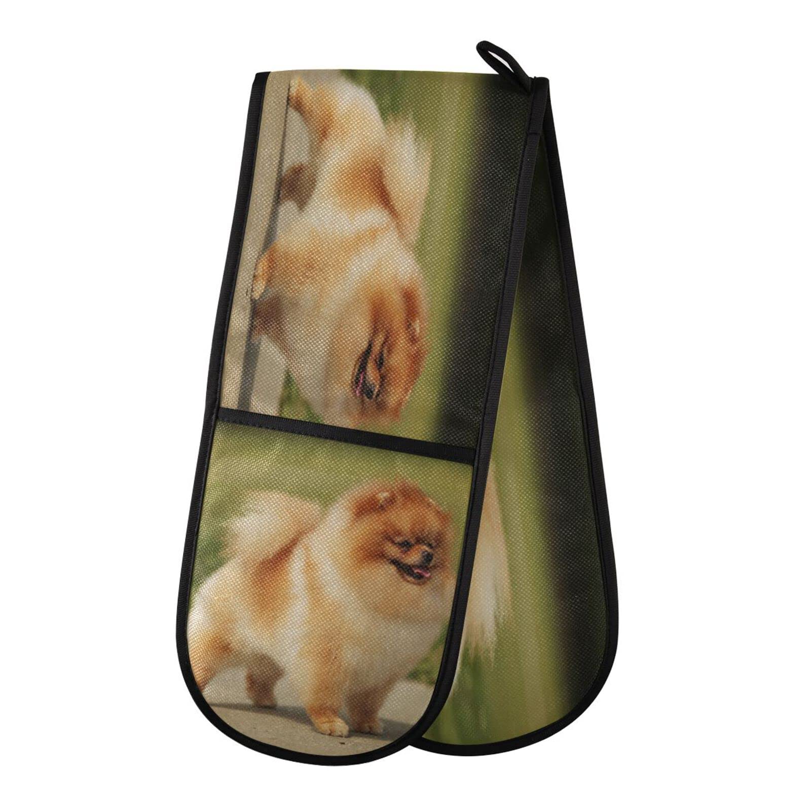Double Oven Glove Cute Pomeranian Dog Heat Resistant Double Ovens Mitt Modern Cooking Gloves Potholders