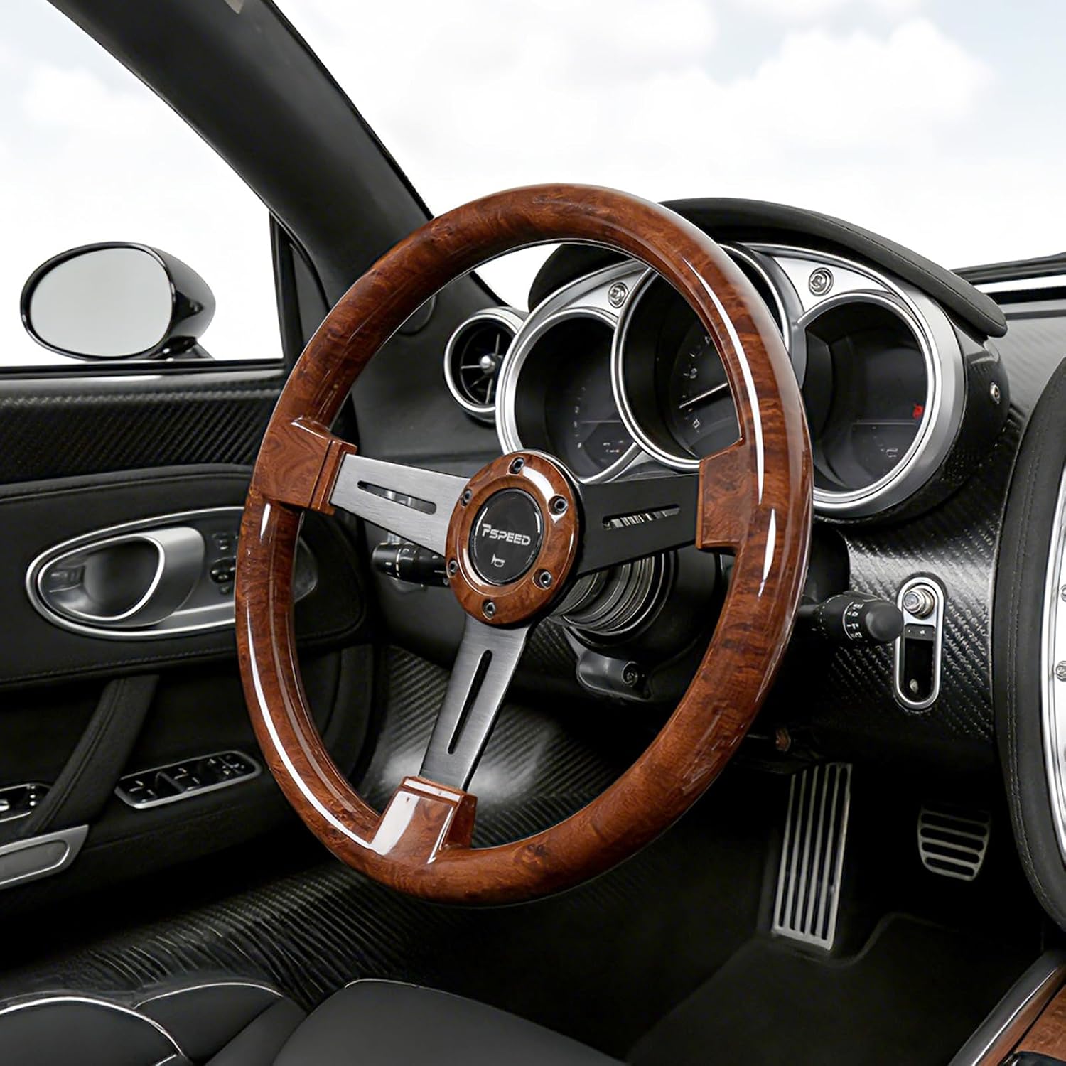 13.78 inch Wood Grain Steering Wheel, Matt 3 Spoke 6-Bolt,40mm Deep Dish