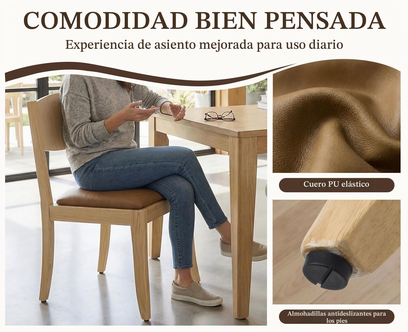 chairus 2PCS Sillas de Comedor de Madera Estilo Nórdico, Marrón | con Asiento de Cuero PU, Silla Minimalista, con Respaldo, sin Brazos