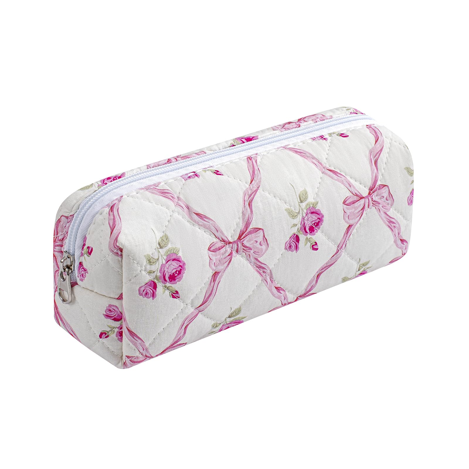 WHHJM Cute Floral Makeup Brush Bag Small Cotton Quilted Cosmetic Bag for Women Travel Toiletry Zipper Make Up Pouch (Pink Bowknot Rose)