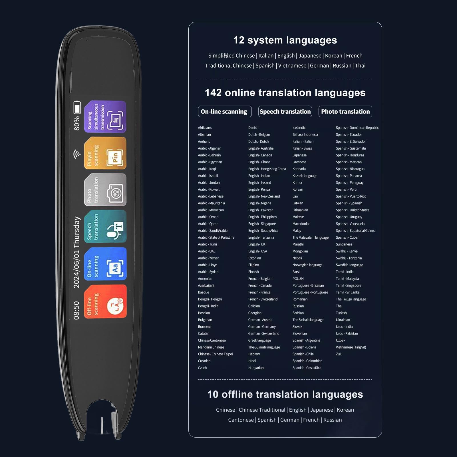 Übersetzerstift, 142 Sprachen Smart Voice Pen Scanner, LCD Touchscreen Text zu Sprache Gerät für Legasthenie, Digitaler Textmarker Stiftleser, Prüfungslesestift für Studenten