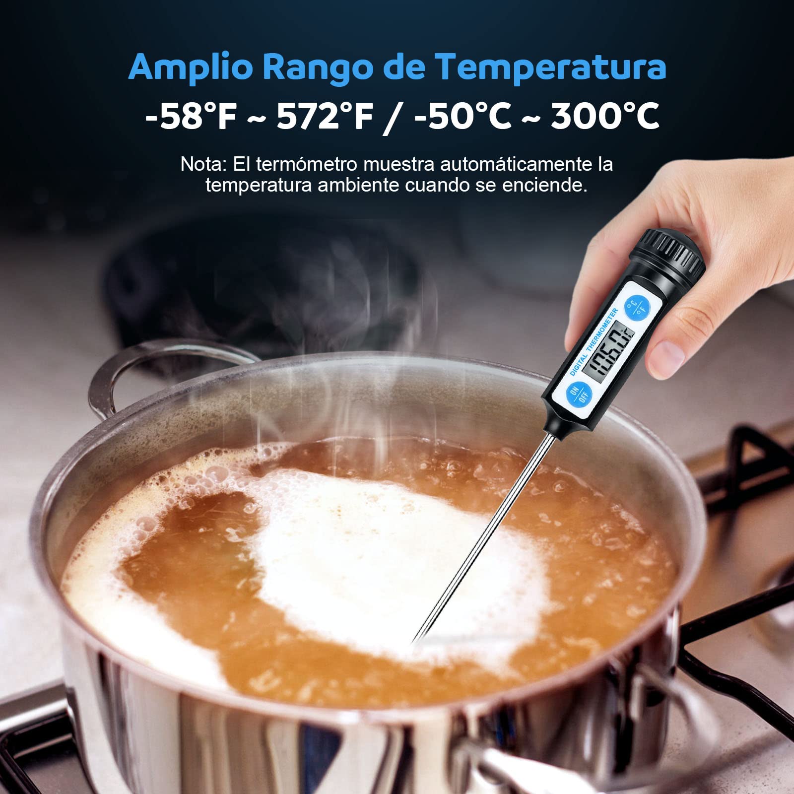 Anpro - Termómetro digital de cocina, con sonda larga y pantalla LCD, para alimentos como carne, aceite, leche, vino, barbacoa y agua caliente, negro