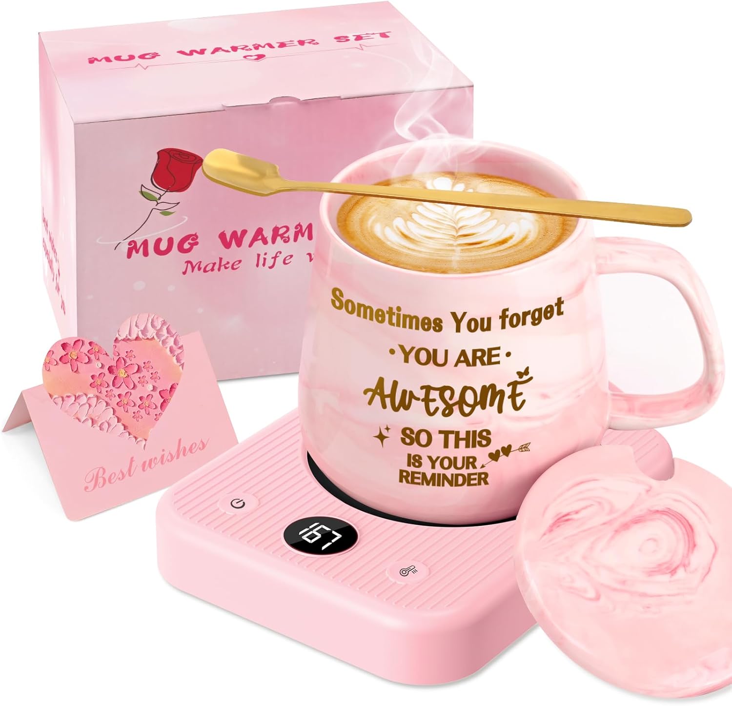 Coffee Mug Warmer & You are Awesome Mug Set, Coffee Gifts Set for Women Christmas, Coffee Warmer with 3 Temperature Setting, Coffee Warmer for Desk Auto Shut Off, Office Gifts for Women Christmas