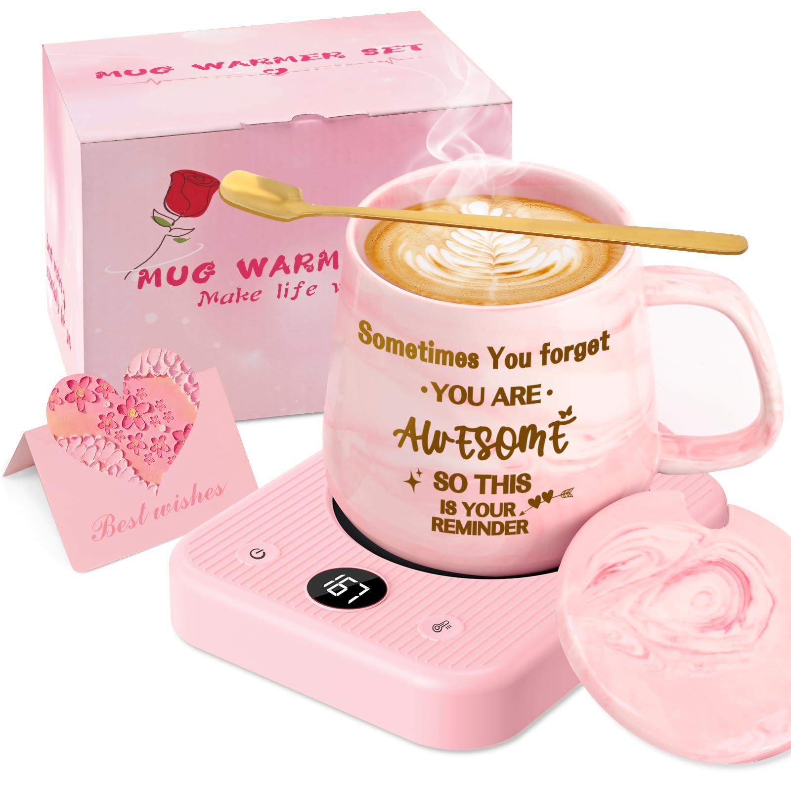 Coffee Mug Warmer &amp; You are Awesome Mug Set, Coffee Gifts Set for Women Christmas, Coffee Warmer with 3 Temperature Setting, Coffee Warmer for Desk Auto Shut Off, Office Gifts for Women Christmas