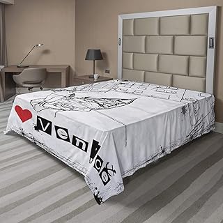 Ambesonne Grunge Flat Sheet, Gondola Silhouette on Venetian Canal with I Love Venice Frame Illustration, Soft Comfortable Top Sheet Decorative Bedding 1 Piece, Queen Size, Red Black White