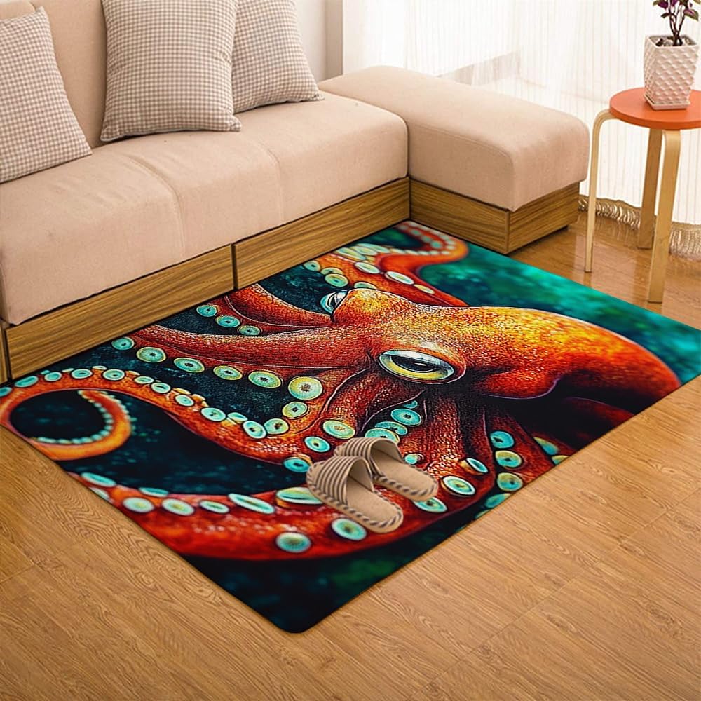 Personalized Octopus Rug - Huge Orange Octopus Rug - Octopus Rugs Bathroom Non-Slip Nautical Octopus Rug for Living Room Bedroom Ocean Animal Octopus Rugs Octopus Theme Outdoor Rug Soft Washable