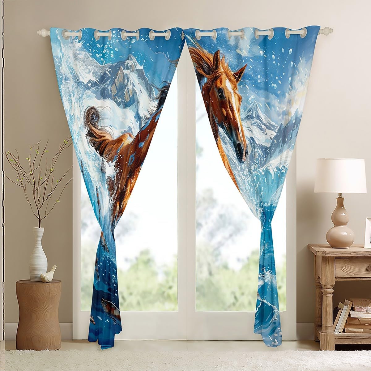 Feelyou Kids Horse Window Curtains Ocean Sea Darkening Drapes Western Wild Animal Blackout Curtains Boys Girls Galloping Horse Teens Window Treatments Bedroom Decor (2 Panels, 38 x 45 Inch)