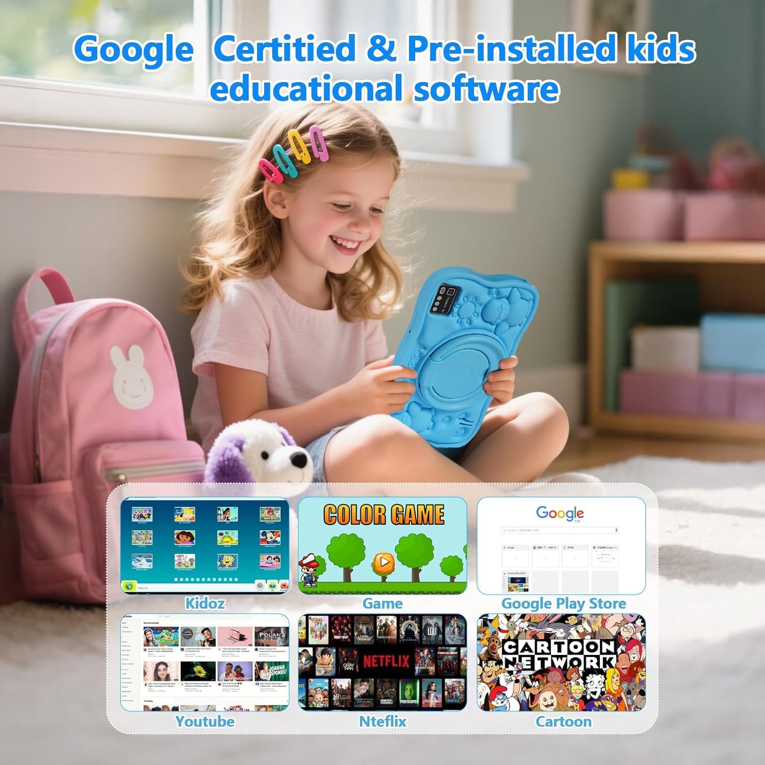 SUMTAB Tablet Bambini 7 Pollici con Controllo Parentale, Android 13 Tablette, 8 GB RAM 64GB ROM (256 GB Estensione) Bluetooth, WiFi,Tablet per Bambini con Custodia(Blu)