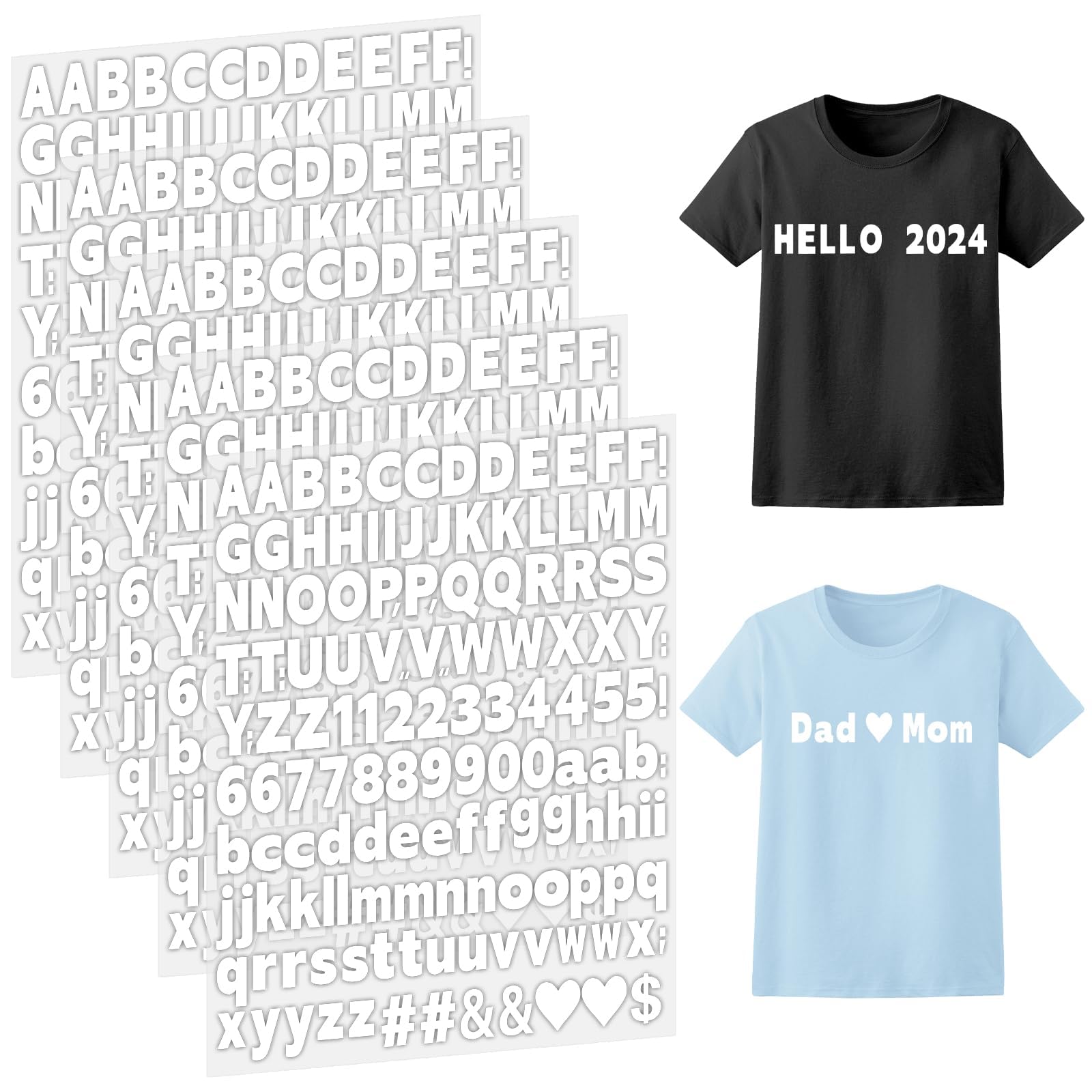 Photo 1 of 1 inch Iron on Letters and Numbers for Clothing, 5 Sheets 755 Pieces Uppercase and Lowercase A-Z, 0-9 - PU Vinyl Heat Transfer Alphabet Stickers for Fabric T-Shirt Designs DIY Crafts