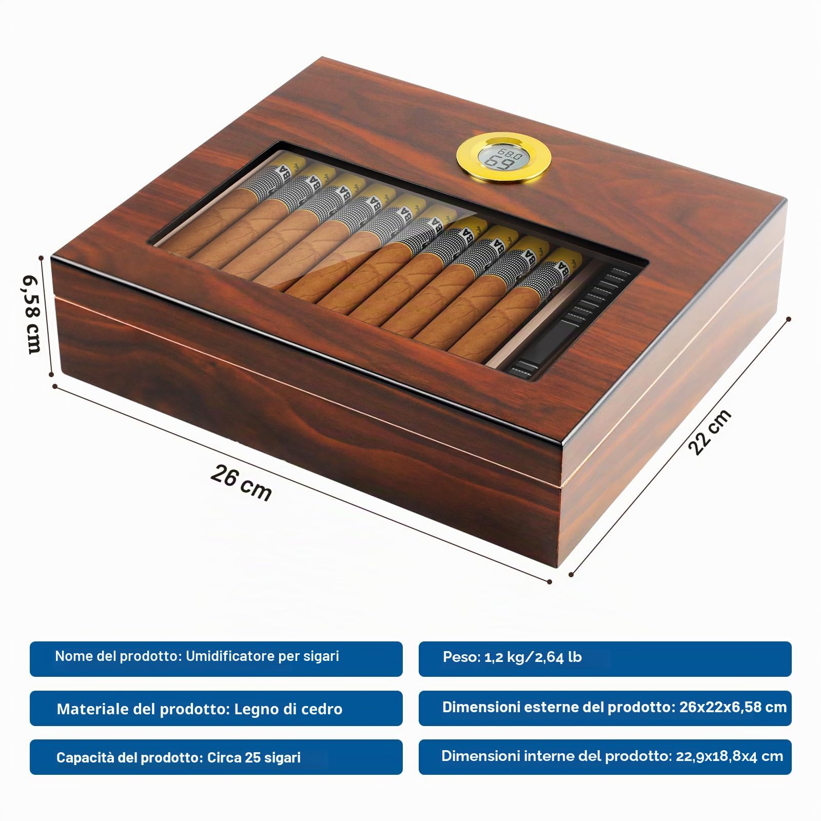 Humidor Sigari, Dayear Humidor per Sigari Humidor Cigar Box con igrometro e umidificatore, Box di stoccaggio del fumo per sigari cubani per 20-25 sigari (I sigari non sono inclusi)