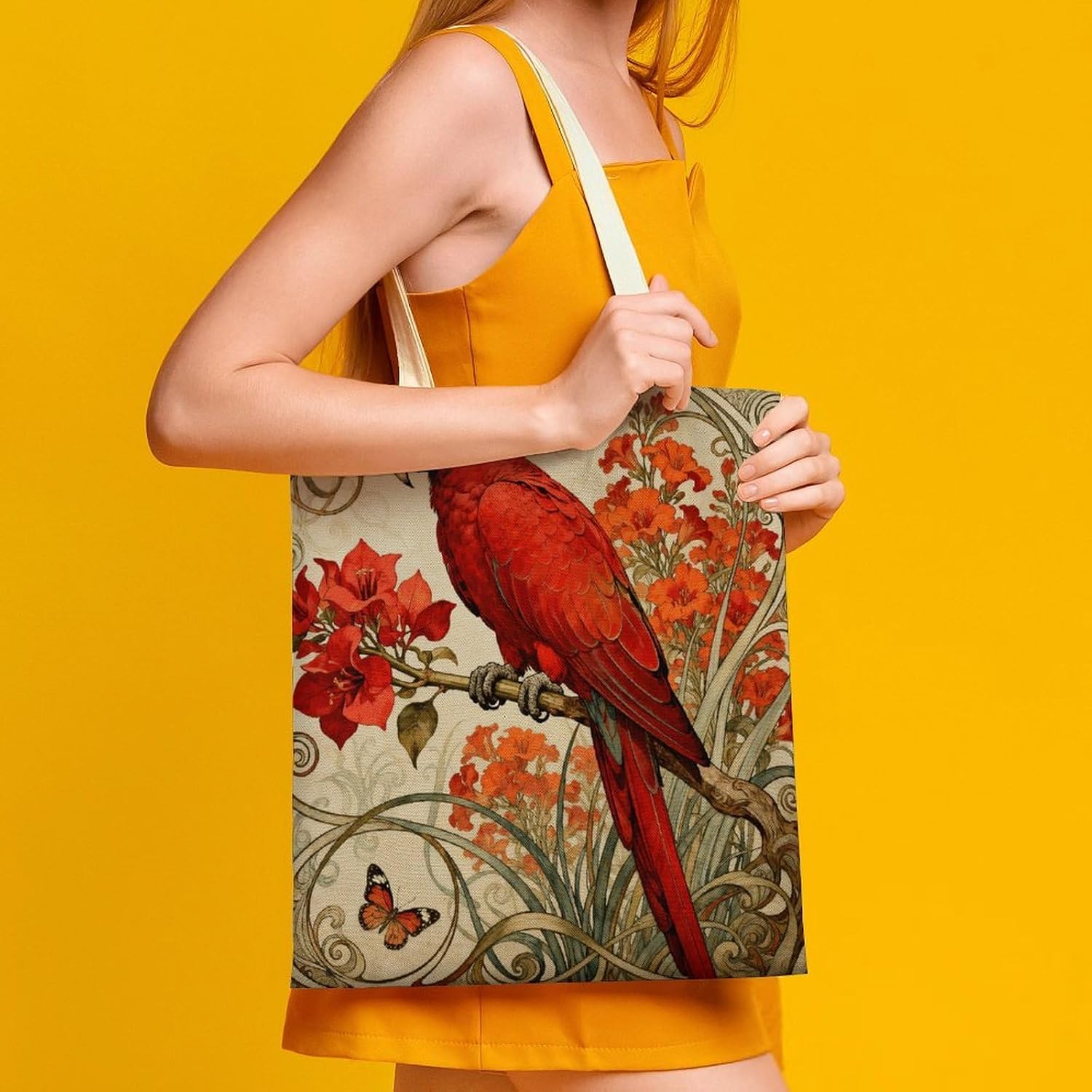 Parrot Bougainvillea Branch Canvas Tote Bag Reusable Grocery Bags Foldable Soft Cotton Shoulder Carry Bag