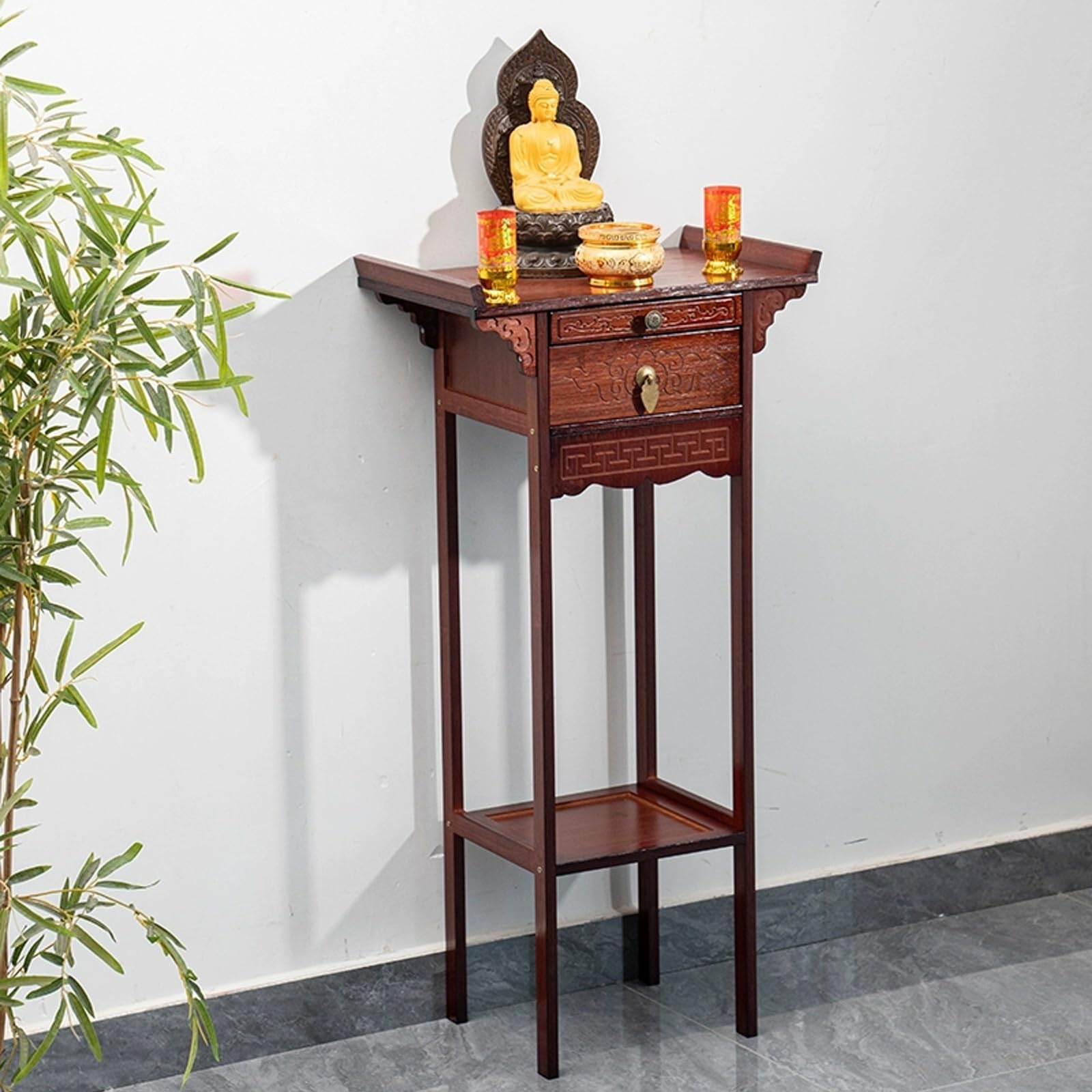 Buddhistischer Altartisch, mit ausziehbarem Ablagebrett und Schublade, Bambus-Meditationstische, für spirituelle Gebetsrituale (50 x 100 cm)