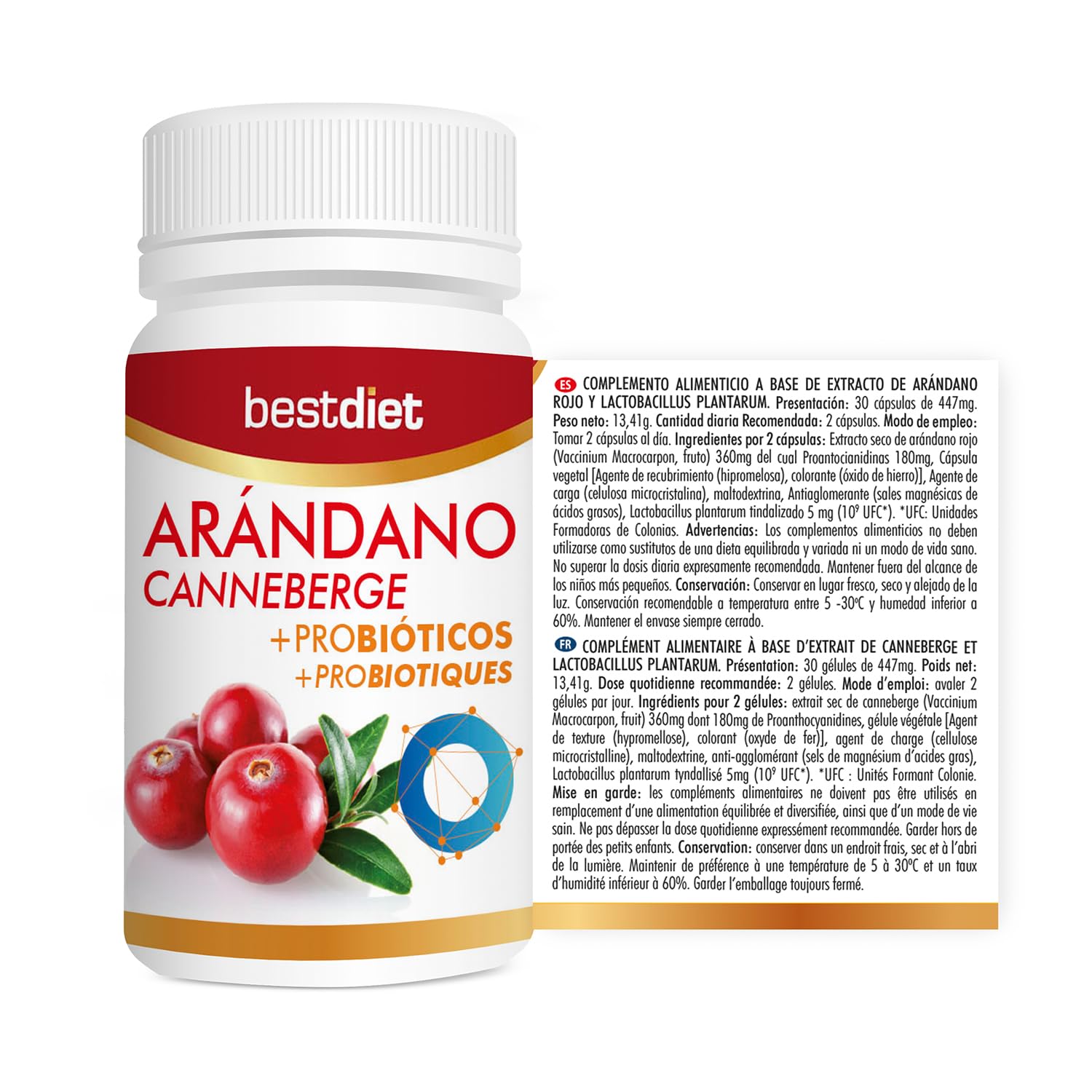 Arándano Rojo + Probiótico 30 Cápsulas (Pack de 3) – Con Extracto de Arándano Rojo y Lactobacillus Plantarum Tindalizado – Complemento Alimenticio para el Bienestar Diario – Bestdiet