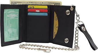 MARSHAL Mens Genuine Leather Black Trifold Wallet with Chain Biker Trucker Motorcycle