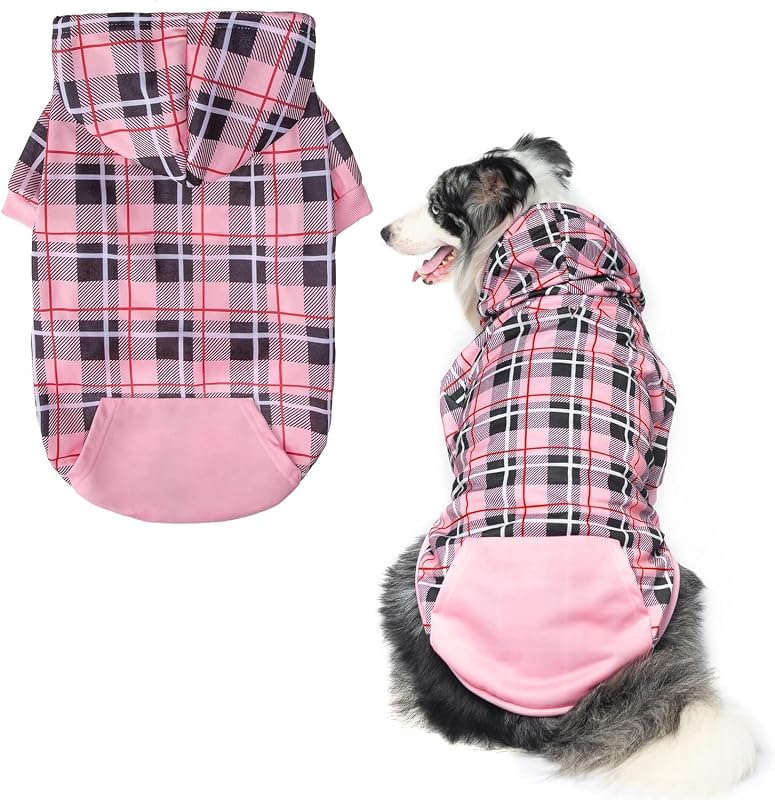 Moletom com capuz xadrez para cães e gatos EXPAWLORER com abertura para guia, Pink, X-Large