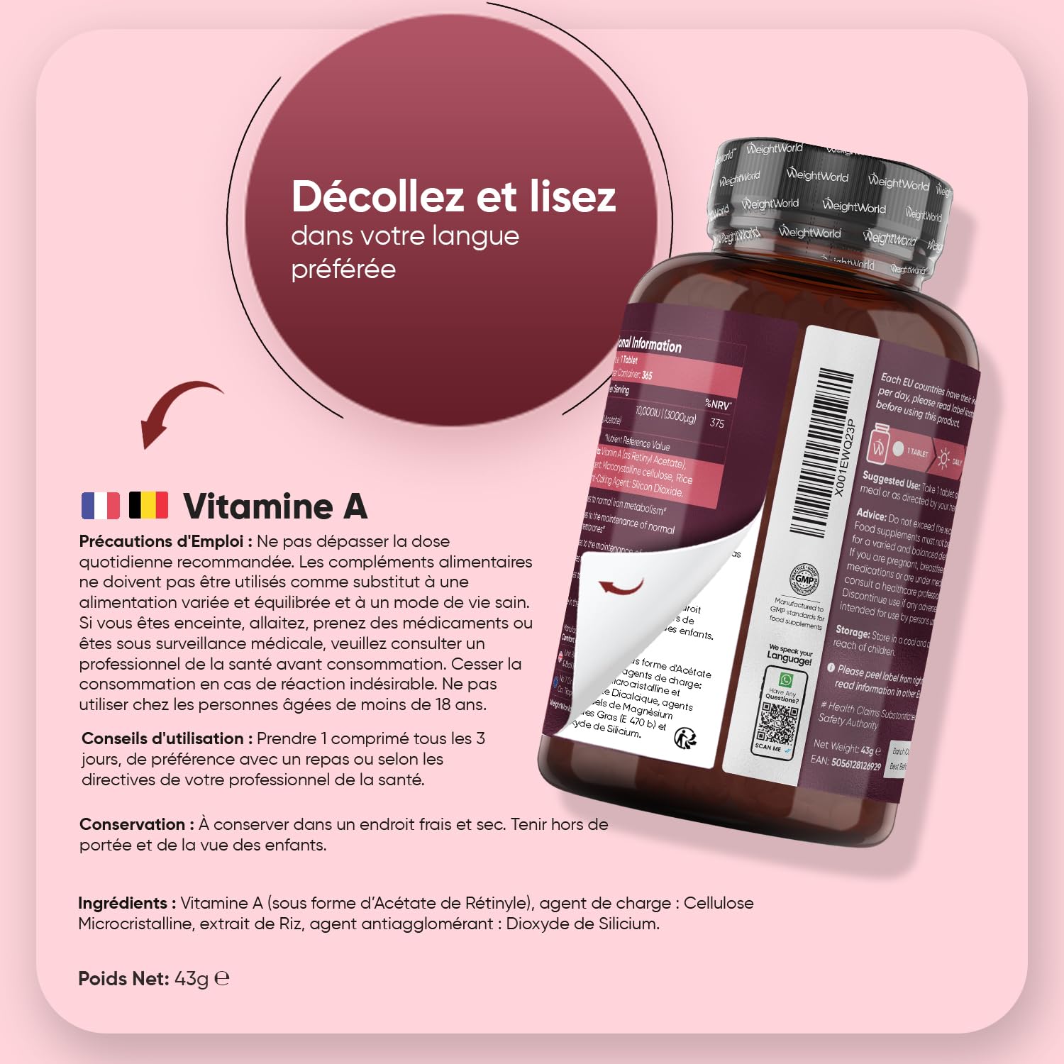 Vitamine A 10 000 UI - 365 Micro Comprimés Vegan - sous Forme d'Acétate de Rétinyle Vitamine A, + 1 An de Stock - 1 Comprimé tous les 3 Jours - Source de Retinol, Beta Carotene, sans OGM