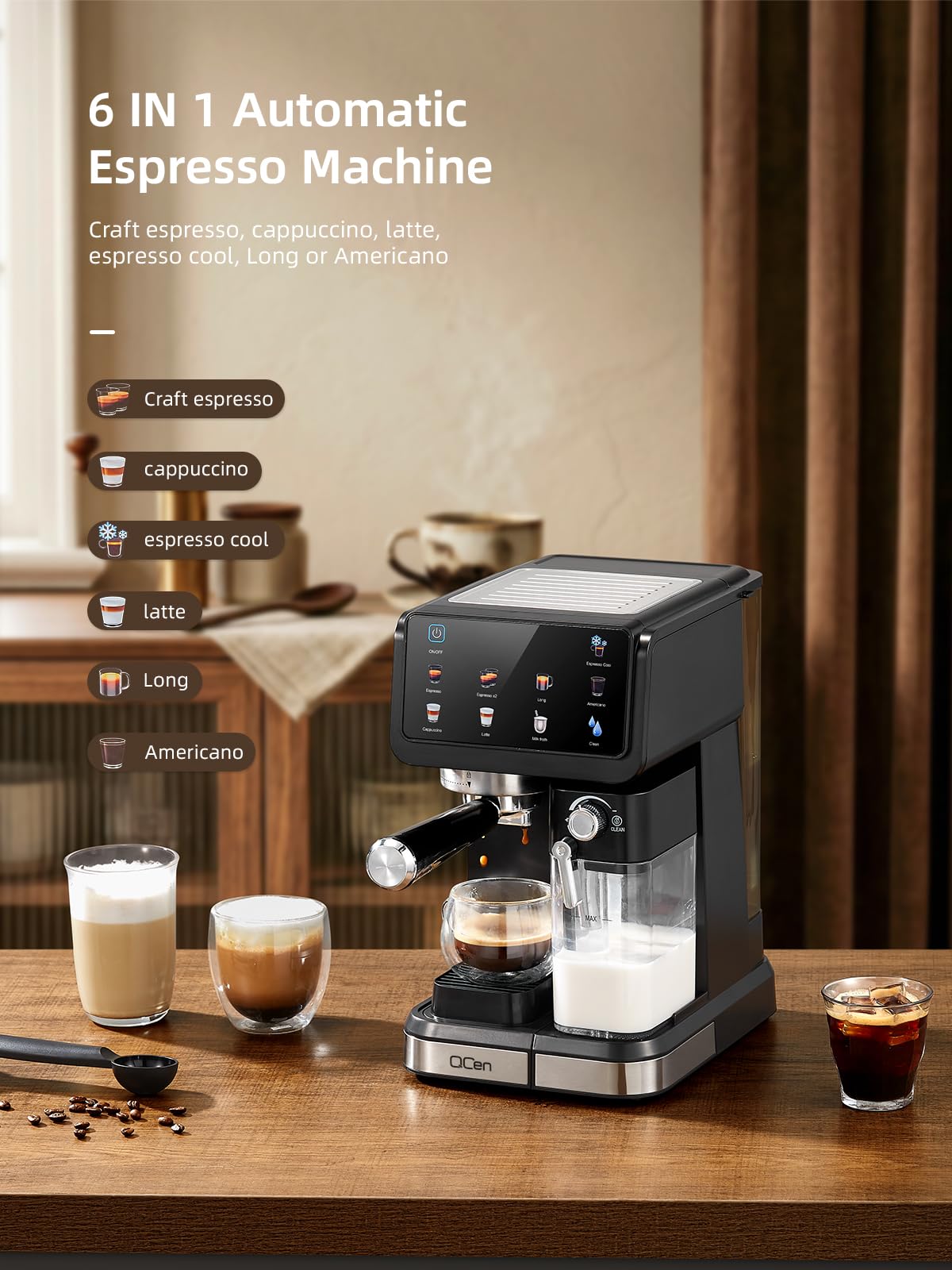 QCen Siebträgermaschine 20 Bar, 9-in-1 Espressomaschine mit Milchtank | 20 Bar Siebträgermaschine aus Edelstahl mit abnehmbarem Milchtank. 9 Automatikprogramme für Espresso, Cappuccino und Latte.