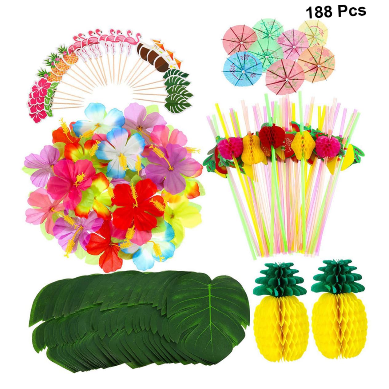 KOMBIUDA 188pcs 1 Set Hibiscus Plant Decorations Cake Decorations Luau Party Decoration Dinner Table Decor Hawaiian Decor Dining Table Decor Cocktail Banquet Honeycomb Ball