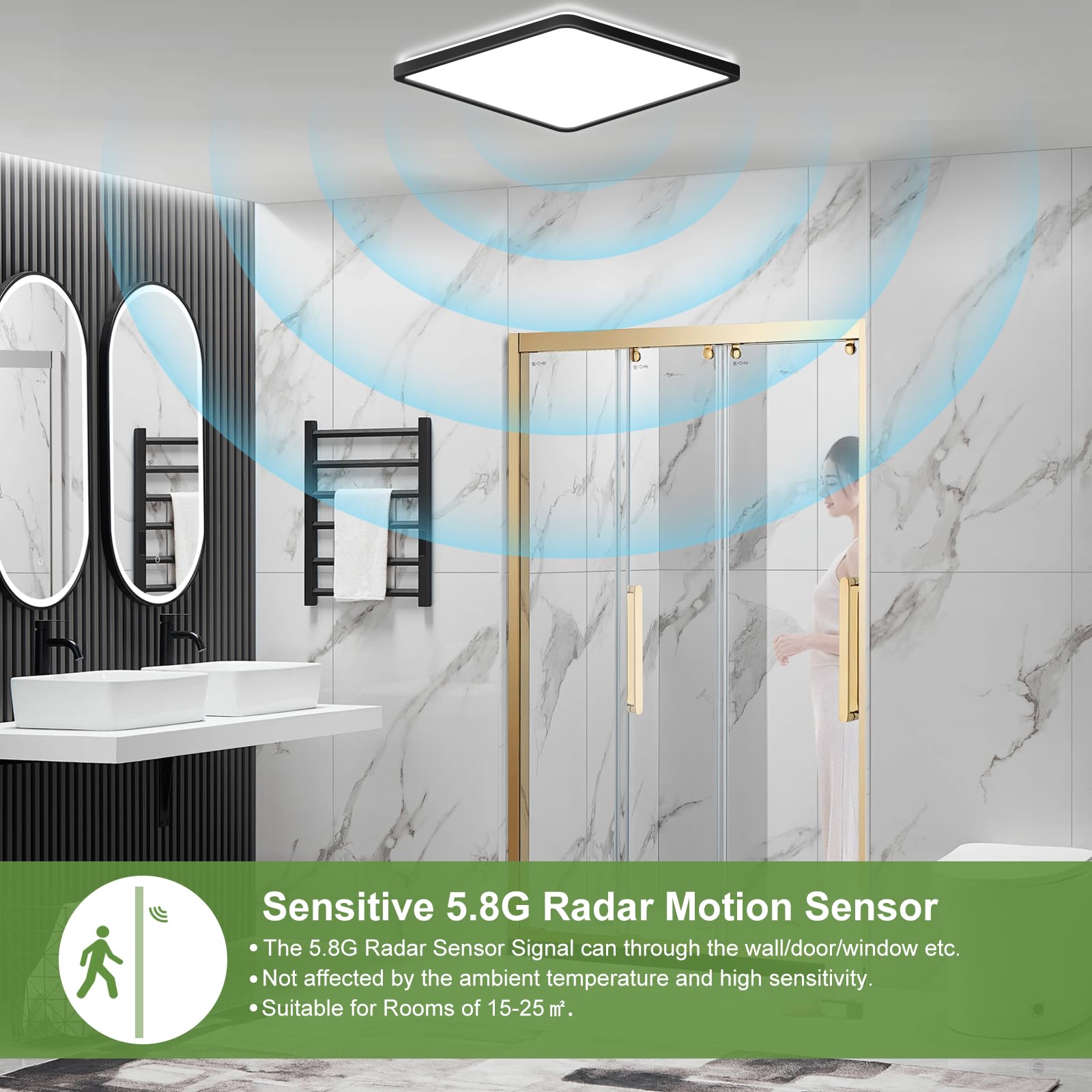 2PCS LEZOE LED Deckenleuchten mit Bewegungsmelder, 24W 2400LM Radar Sensor LED Deckenlampen Dimmbar Fernbedienung, 3000K/4000K/6500K Sensorlampe Für Bad, Treppen, Keller, Flur, Diele 30*2.5CM Schwarz