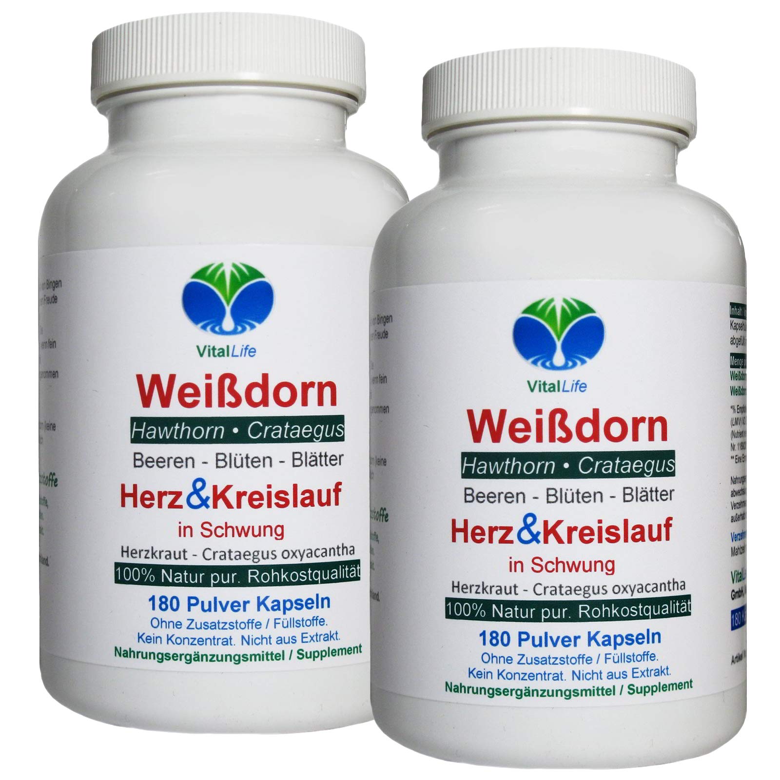 WEISSDORN Weißdorn HERZ-KREISLAUF 360 Kapseln 2x180 "HERZKRAUT" NATUR pur Weißdornbeeren & Weißdornblätter & Weißdornblüten. OHNE ZUSATZSTOFFE. 27100-4