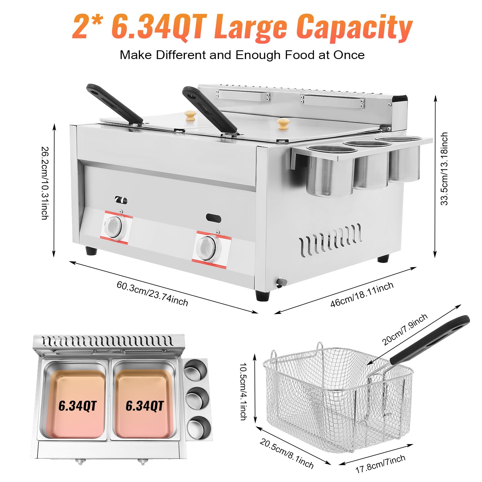 Stainless Steel Countertop Gas Fryer, Commercial Deep Fryer with 2 Baskets, 6L Dual Tank Kitchen Fat Fryer, Snack Fryers for French Fries Restaurant Home Kitchen