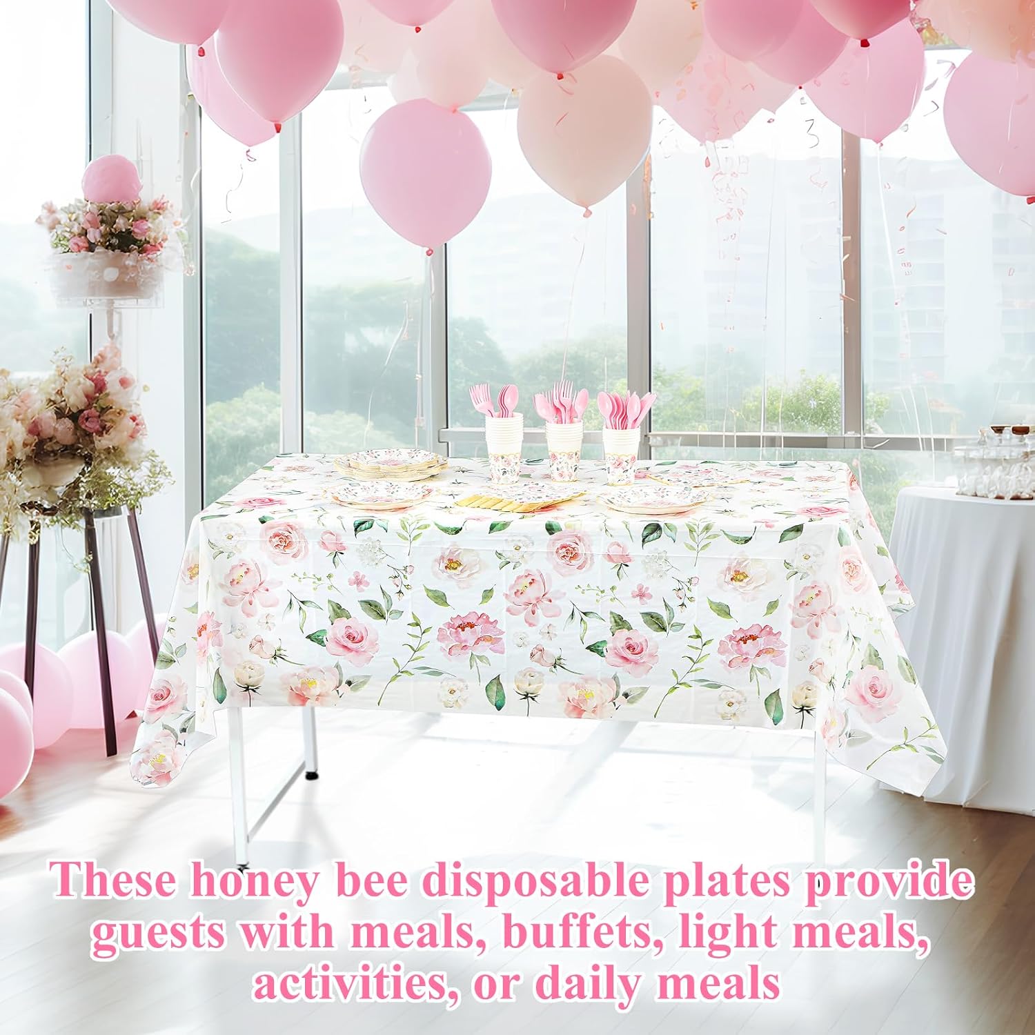 Yungyan 194 Pcs Floral Party Supplies Valentines Pink Floral Scalloped Plates and Napkins Tablecloth Cups Bridal Shower Disposable Tableware Set for Wedding Birthday Baby Shower Tea Party Decoration