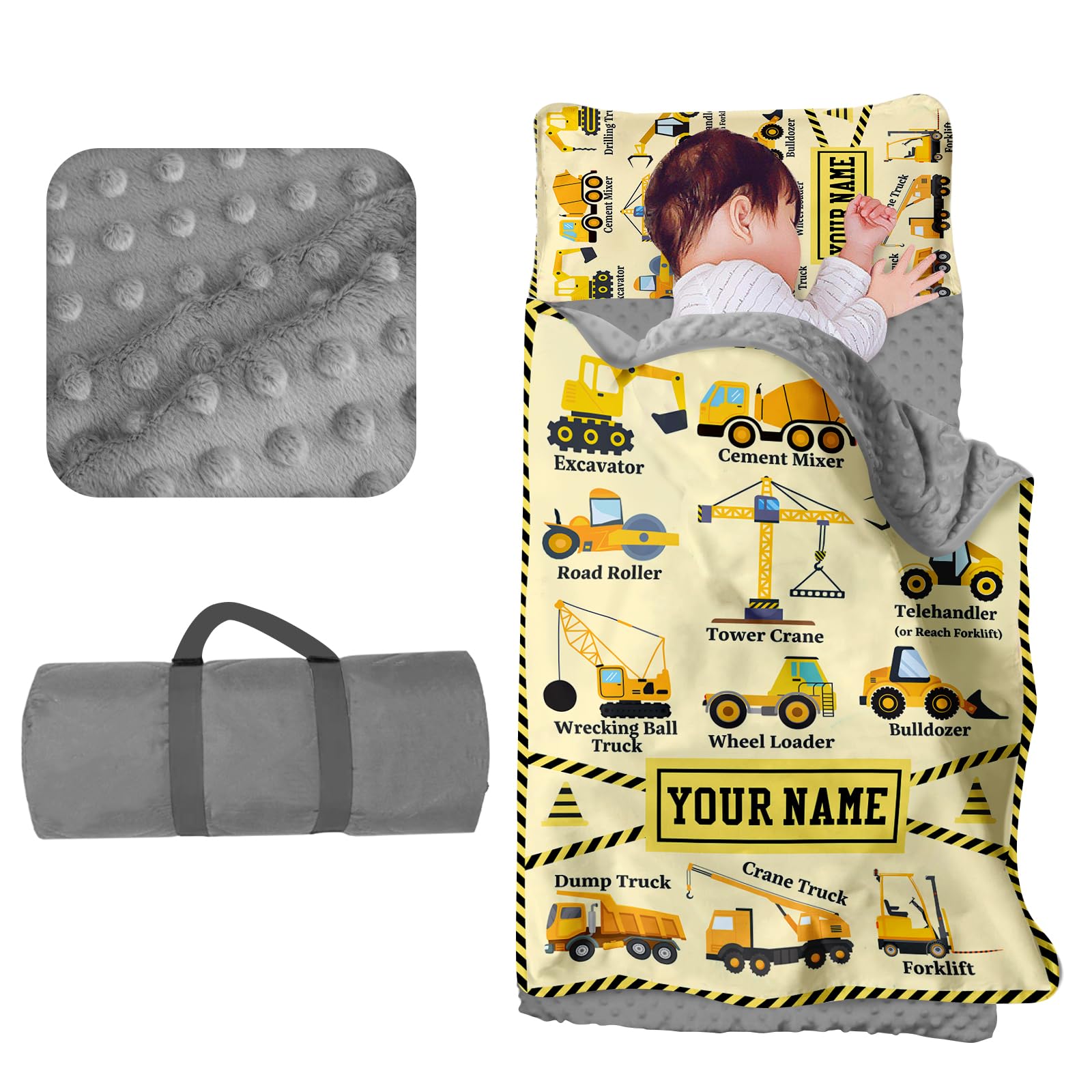 Custom Toddler Nap Mat for Preschool - Personalized Name Kids Nap Mats for Daycare Kindergarten Boys Sleeping Bag with Pillow Blanket Set, Thick