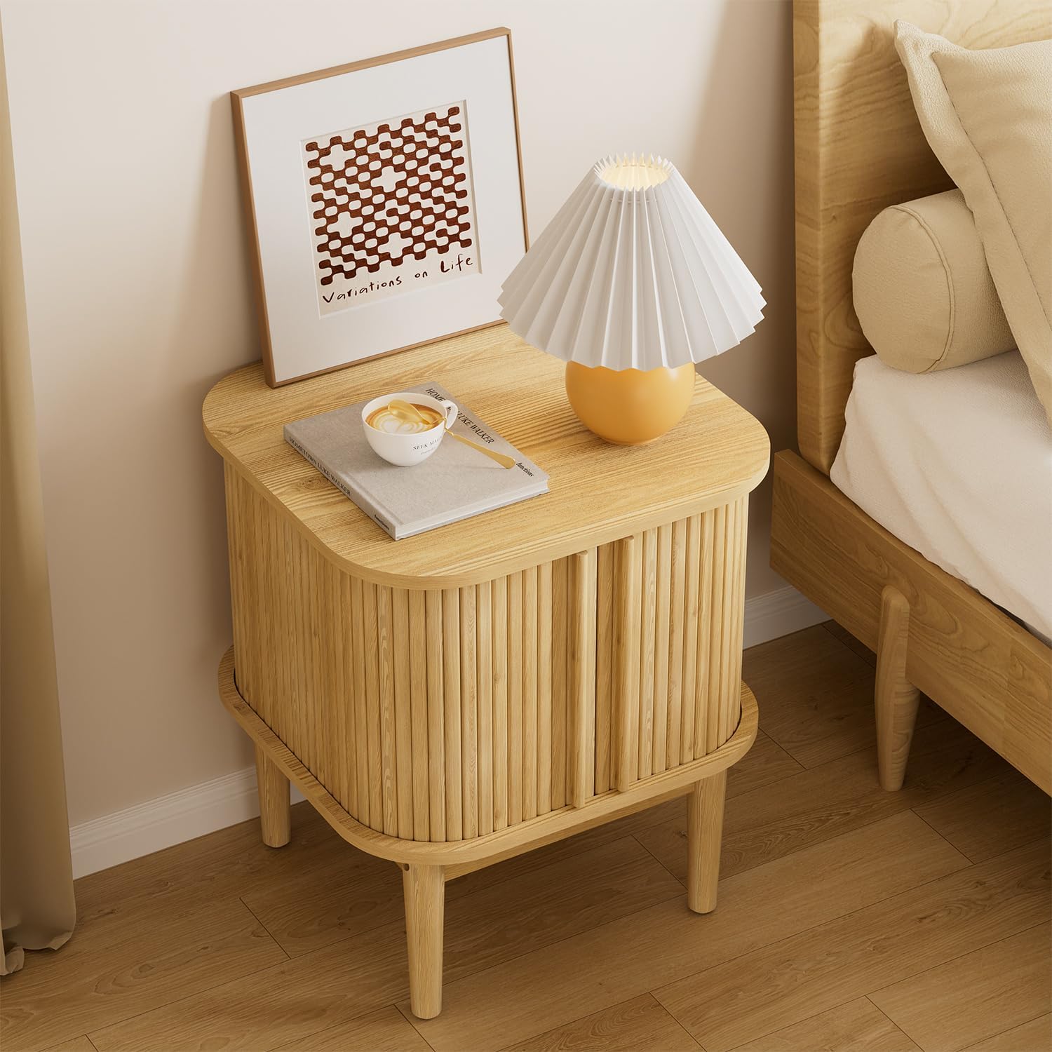 Nightstand Set of 2 with Sliding Tambour Door, Modern Bedside Table with Storage, Curved Edge End Table, Compact Sofa Side Table for Bedroom, Hallway, Small Space, Natural