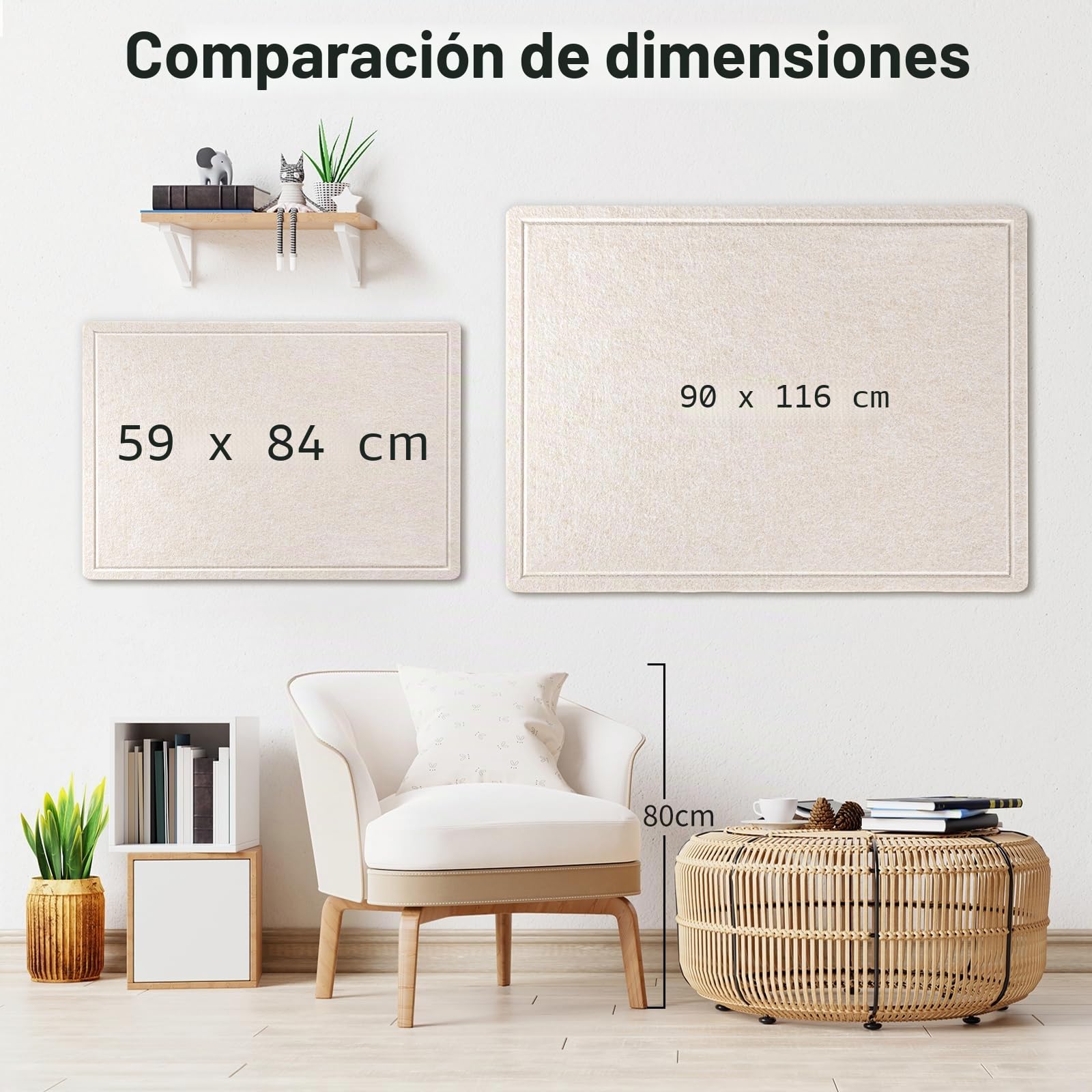 Gran Tablero de Anuncios - 90 x 116 Centímetros, Tablero de Alfileres de Felpa Decorativo para Pared - Tablero de Visualización de Fotos Plegable con Cinta Autoadhesiva, Incluye 20 Pasadores de Empuje