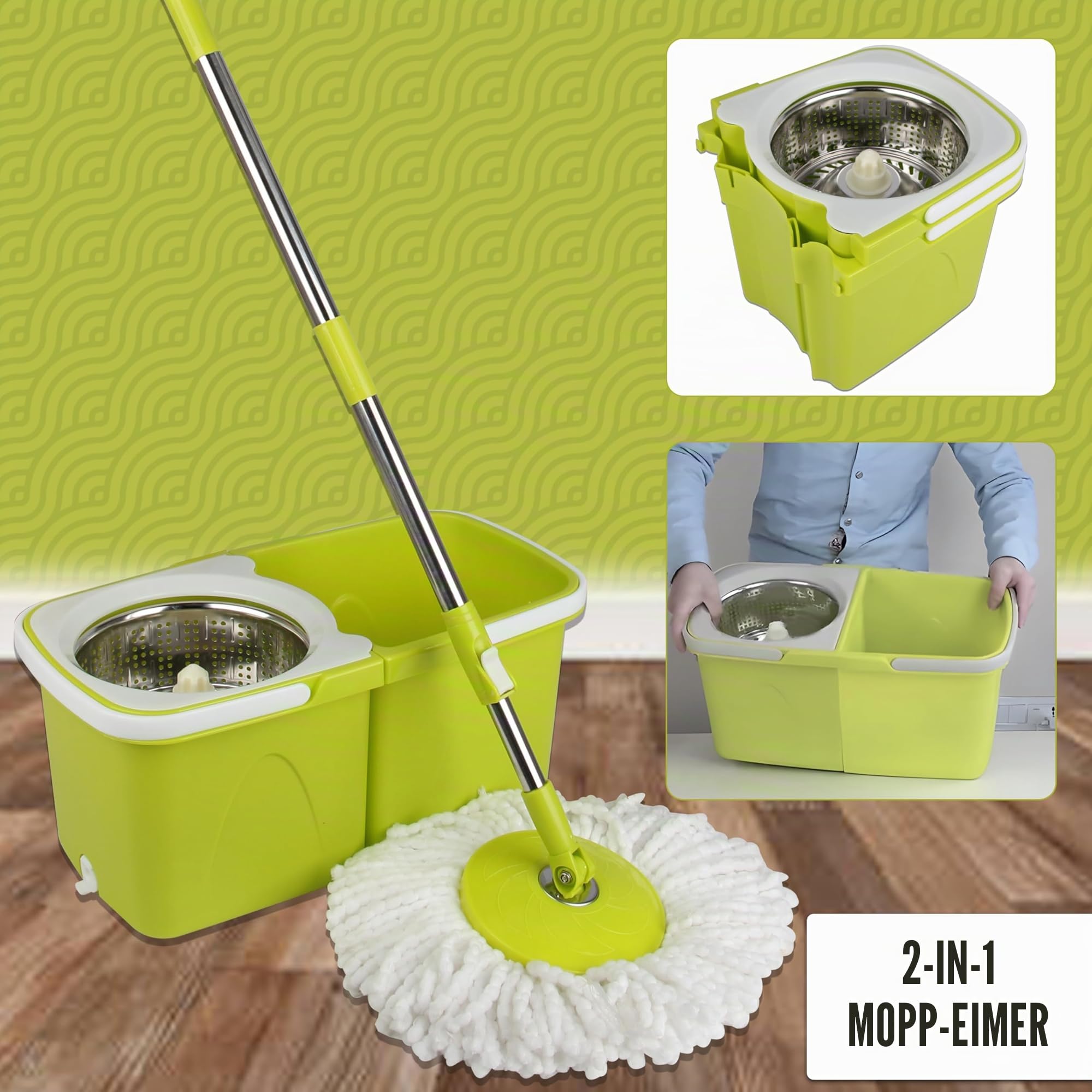 ARSUK Mopp- und Eimer-Sets – 2 Separate stapelbare Eimer mit 2 Mikrofaser-Moppköpfen und 360° drehbarem, höhenverstellbarem Teleskopstiel