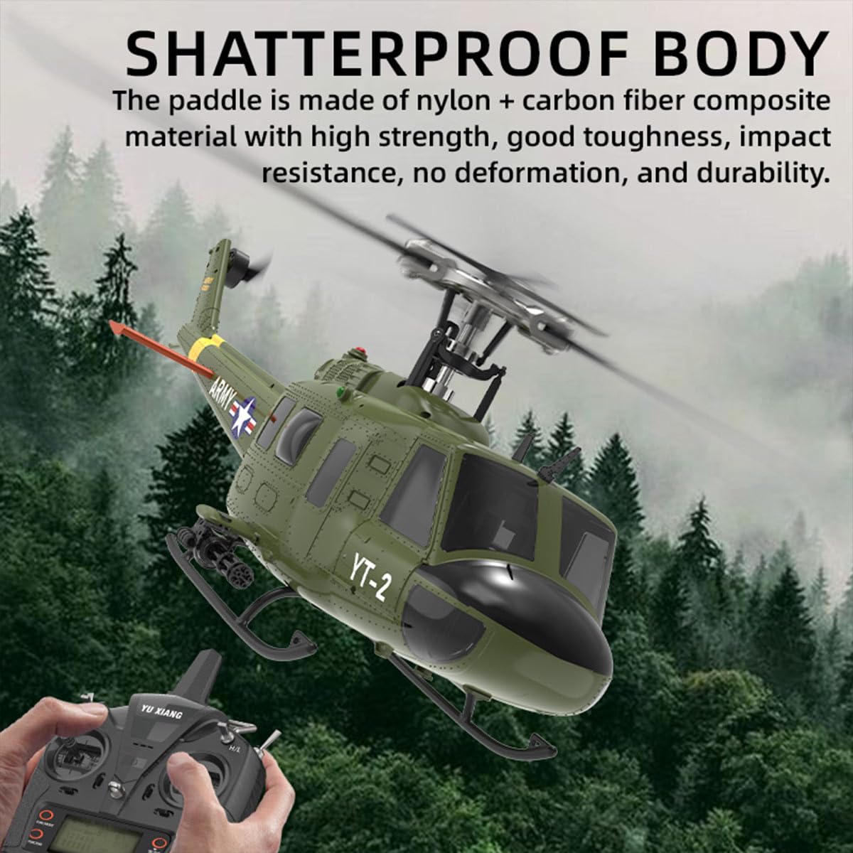 RC śmigłowce dla dorosłych, F07-V 1/34 skala UH-1 Huey 2.4G 6CH bezszczotkowy bezpośredni bezszczotkowy helikopter RC Flybarless RC tryb modelu 1/Mode 2 przełączane (wersja RTF)